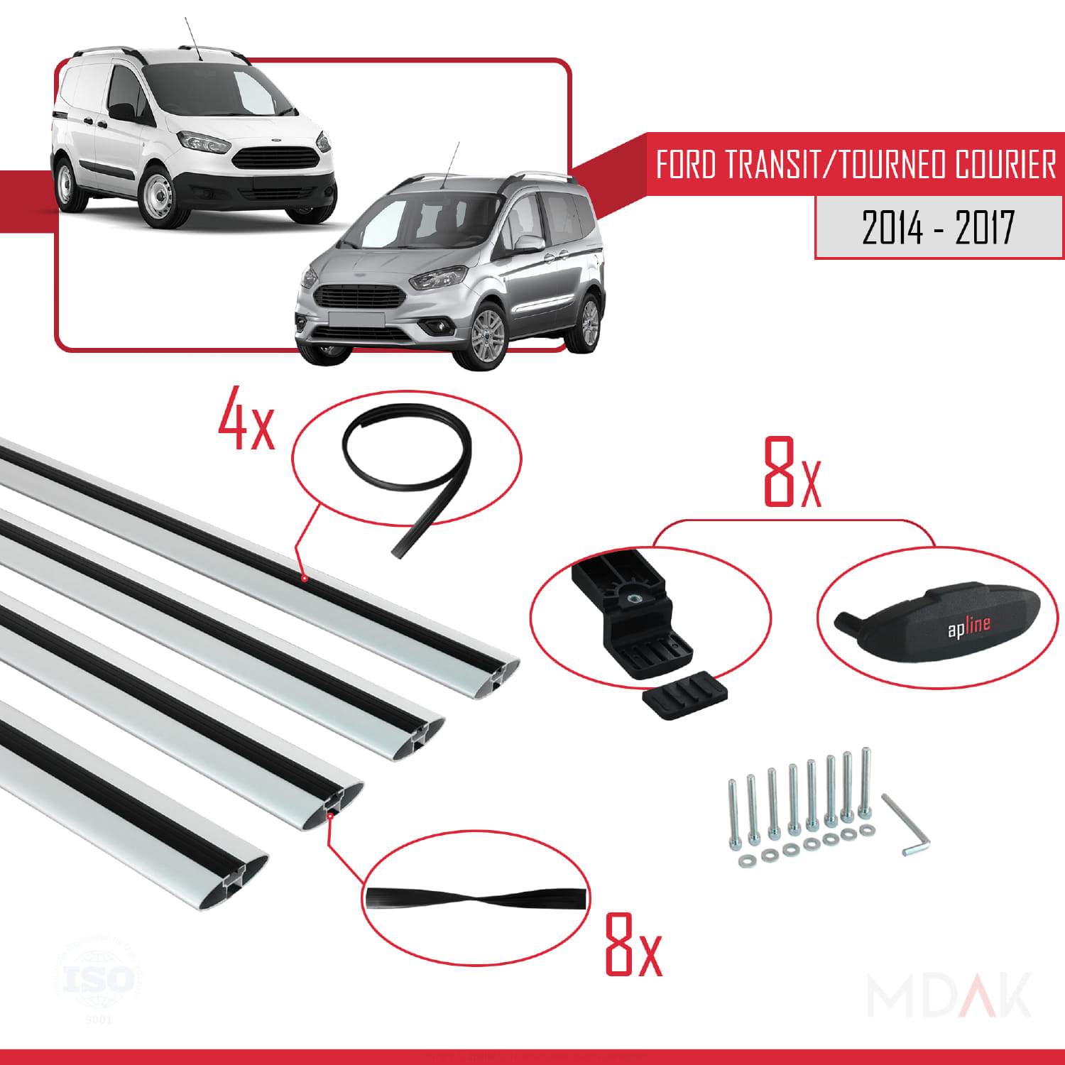 Ford Transit/Tourneo Courier Pre-Facelift 2014-2017 Arası ile Uyumlu BASIC Model Ara Atkı Tavan Barı Gri 4 Adet - Görsel 5