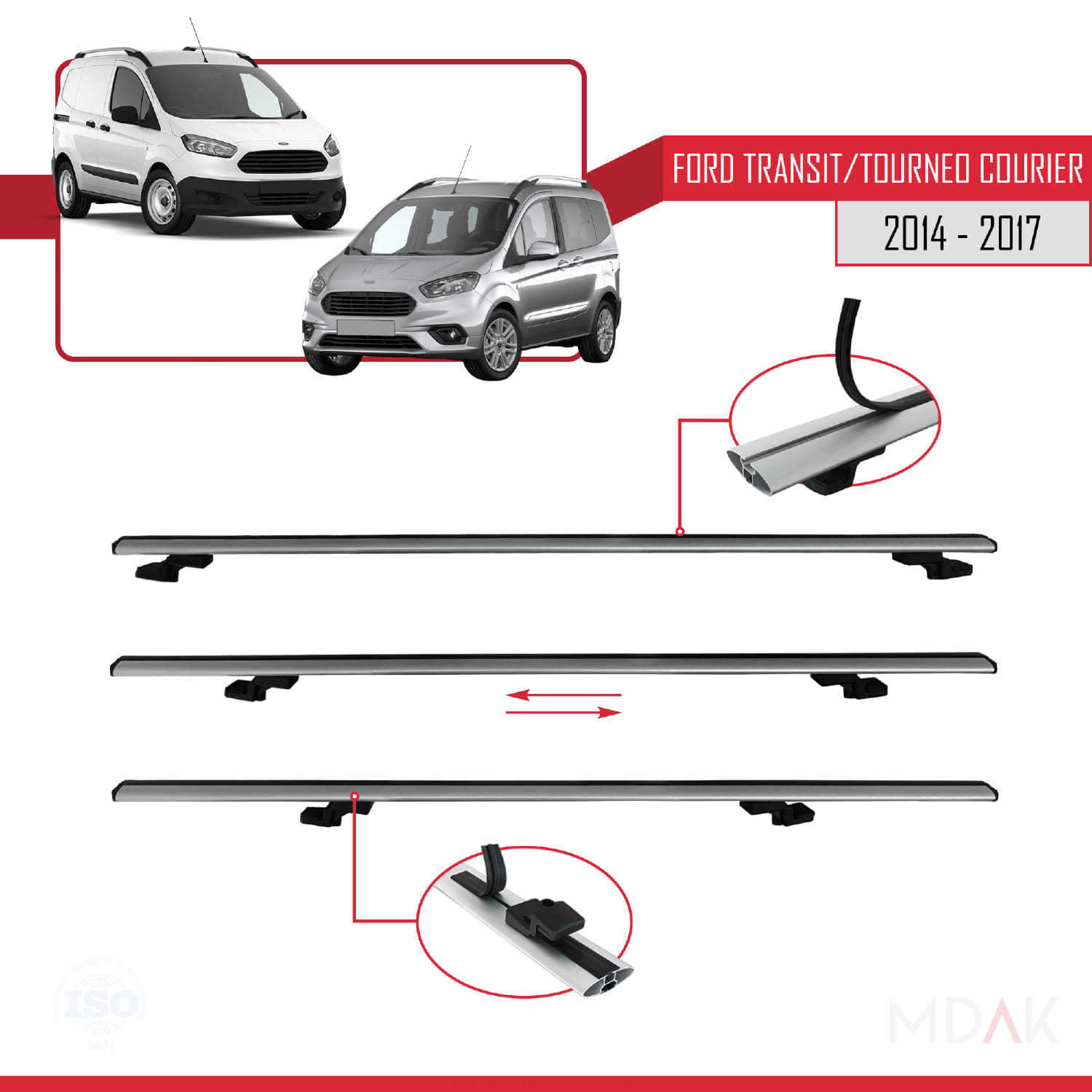 Ford Transit/Tourneo Courier Pre-Facelift 2014-2017 Arası ile Uyumlu BASIC Model Ara Atkı Tavan Barı Gri 2 Adet - Görsel 5