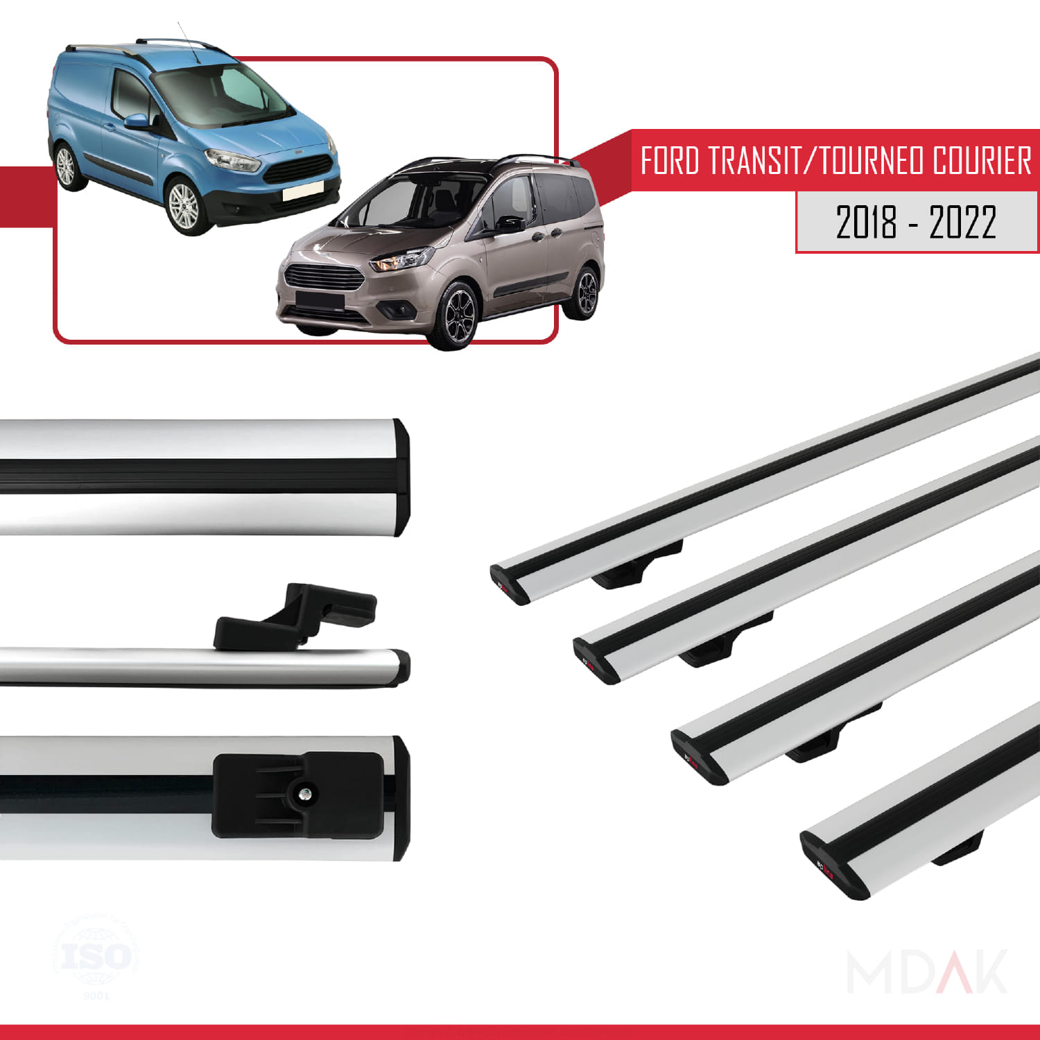 Ford Transit/Tourneo Courier Post-Facelift 2018-2022 Arası ile Uyumlu BASIC Model Ara Atkı Tavan Barı Gri 4 Adet - Görsel 3