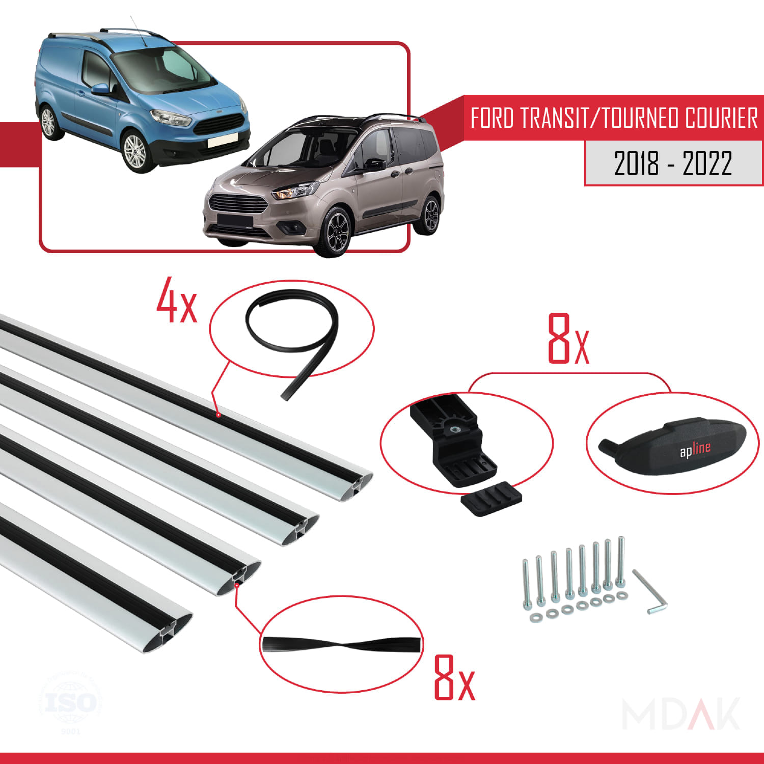 Ford Transit/Tourneo Courier Post-Facelift 2018-2022 Arası ile Uyumlu BASIC Model Ara Atkı Tavan Barı Gri 4 Adet - Görsel 5