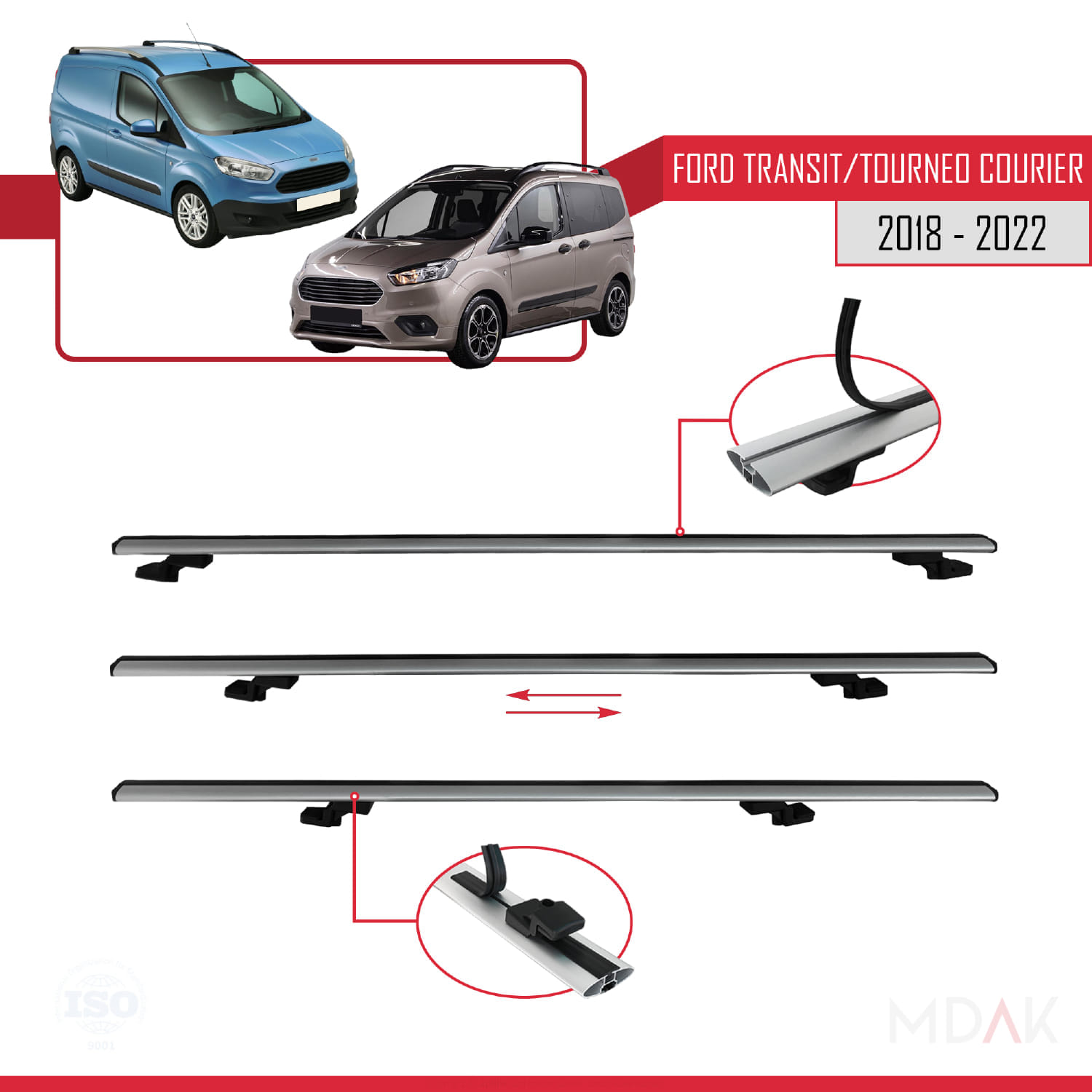 Ford Transit/Tourneo Courier Post-Facelift 2018-2022 Arası ile Uyumlu BASIC Model Ara Atkı Tavan Barı Gri 2 Adet - Görsel 5