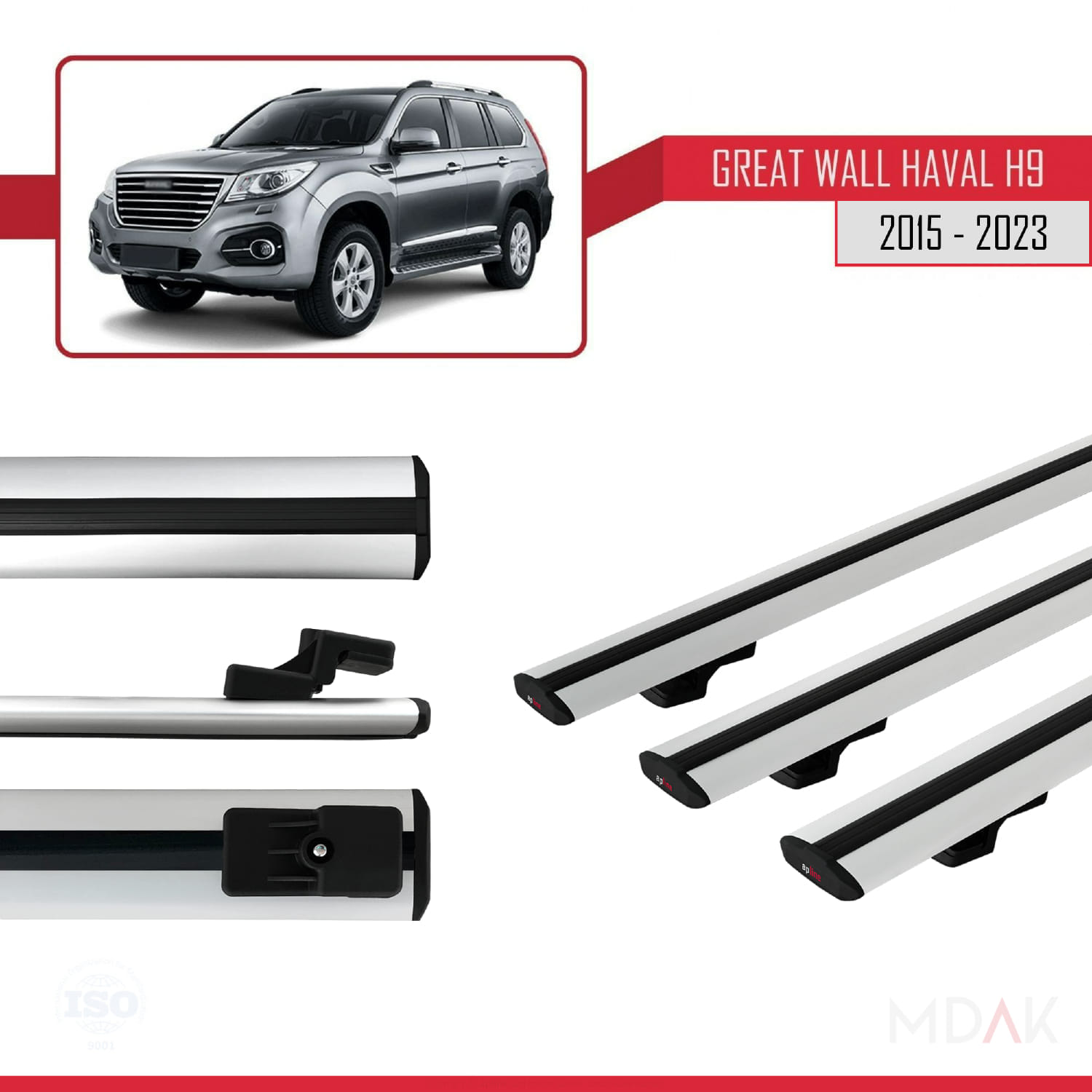 Great Wall Haval H9 2015-2023 Arası ile Uyumlu BASIC Model Ara Atkı Tavan Barı Gri 3 Adet - Görsel 3