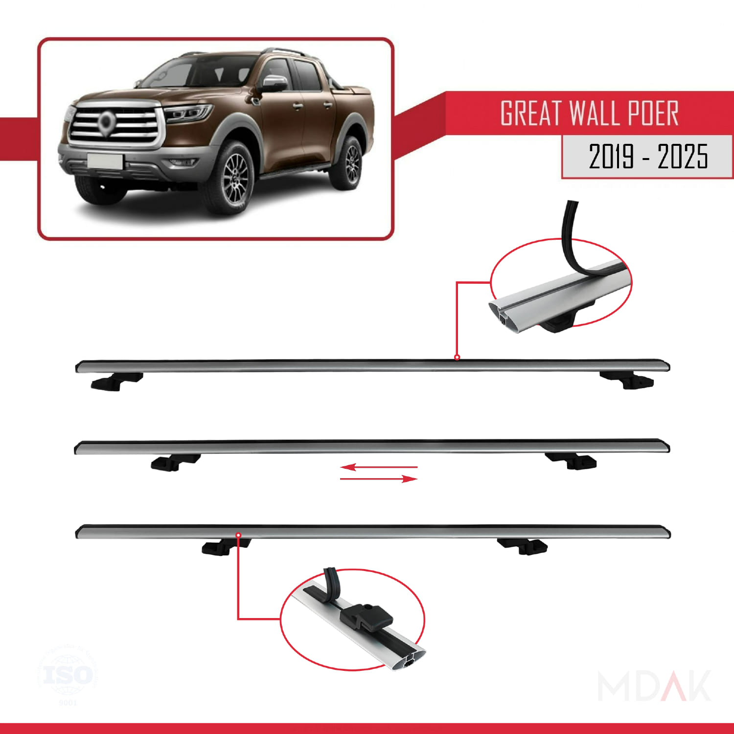 Great Wall Poer 2019 ve Sonrası ile Uyumlu BASIC Model Ara Atkı Tavan Barı Gri 3 Adet - Görsel 5