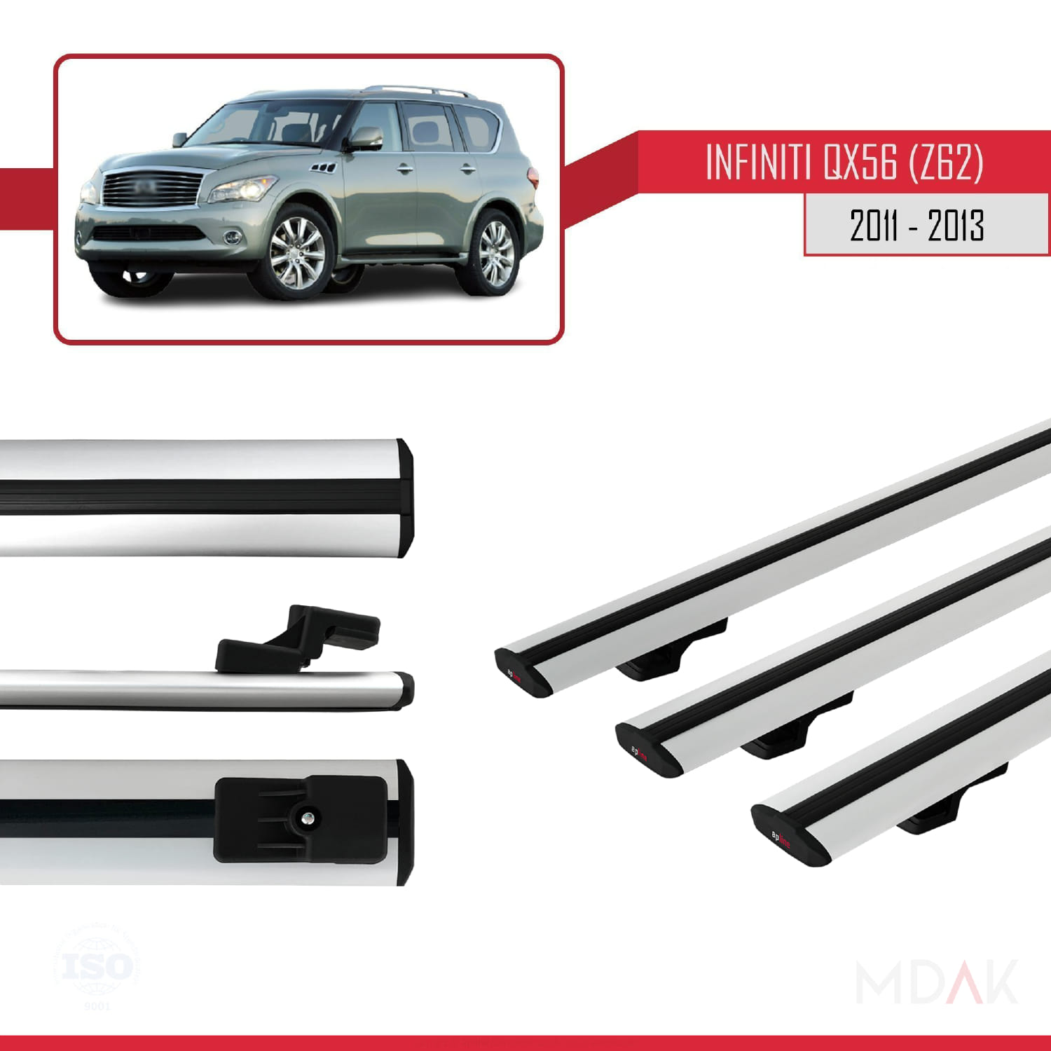 IInfiniti QX56 (Z62) 2011-2013 Arası ile Uyumlu BASIC Model Ara Atkı Tavan Barı Gri 3 Adet - Görsel 3