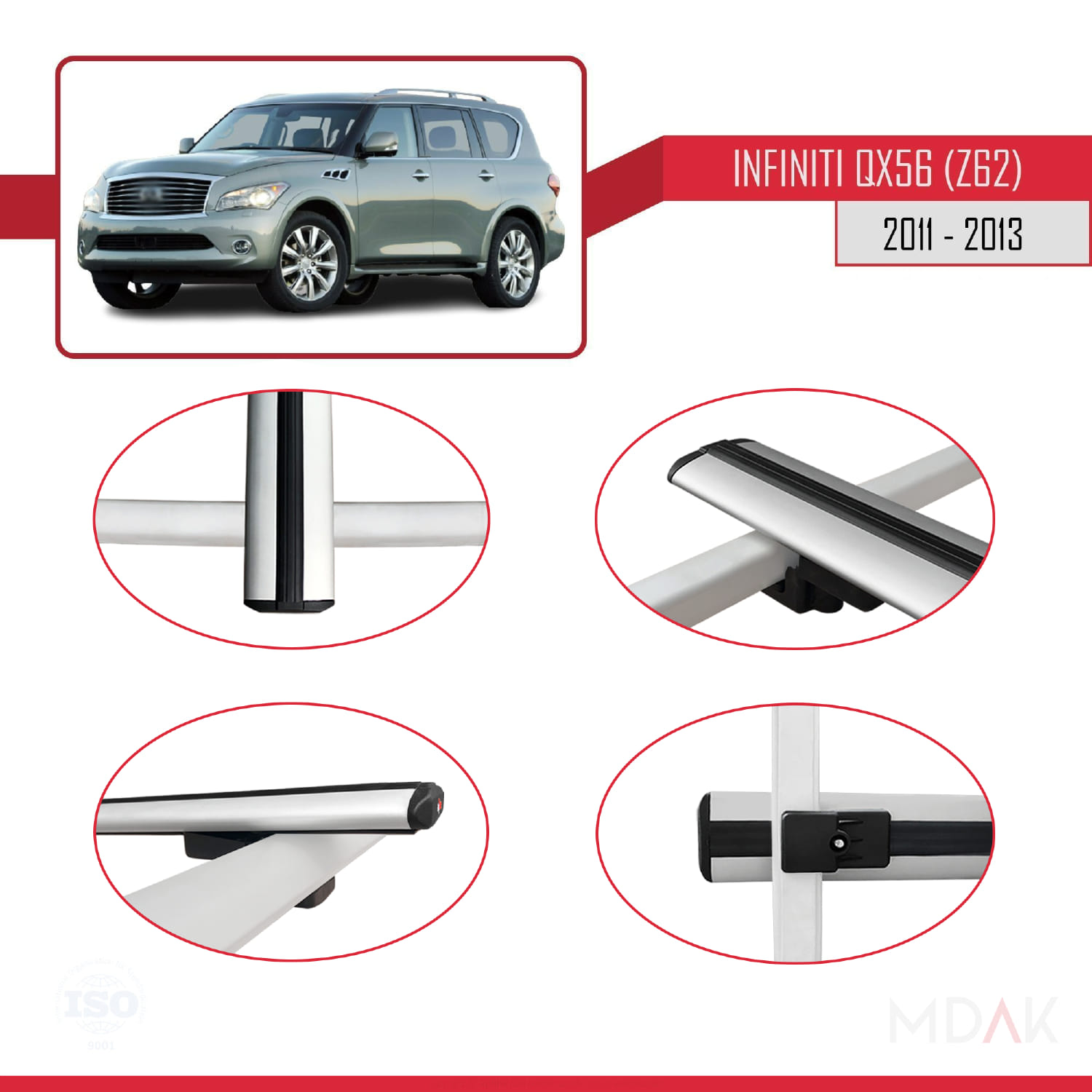 IInfiniti QX56 (Z62) 2011-2013 Arası ile Uyumlu BASIC Model Ara Atkı Tavan Barı Gri 2 Adet - Görsel 4