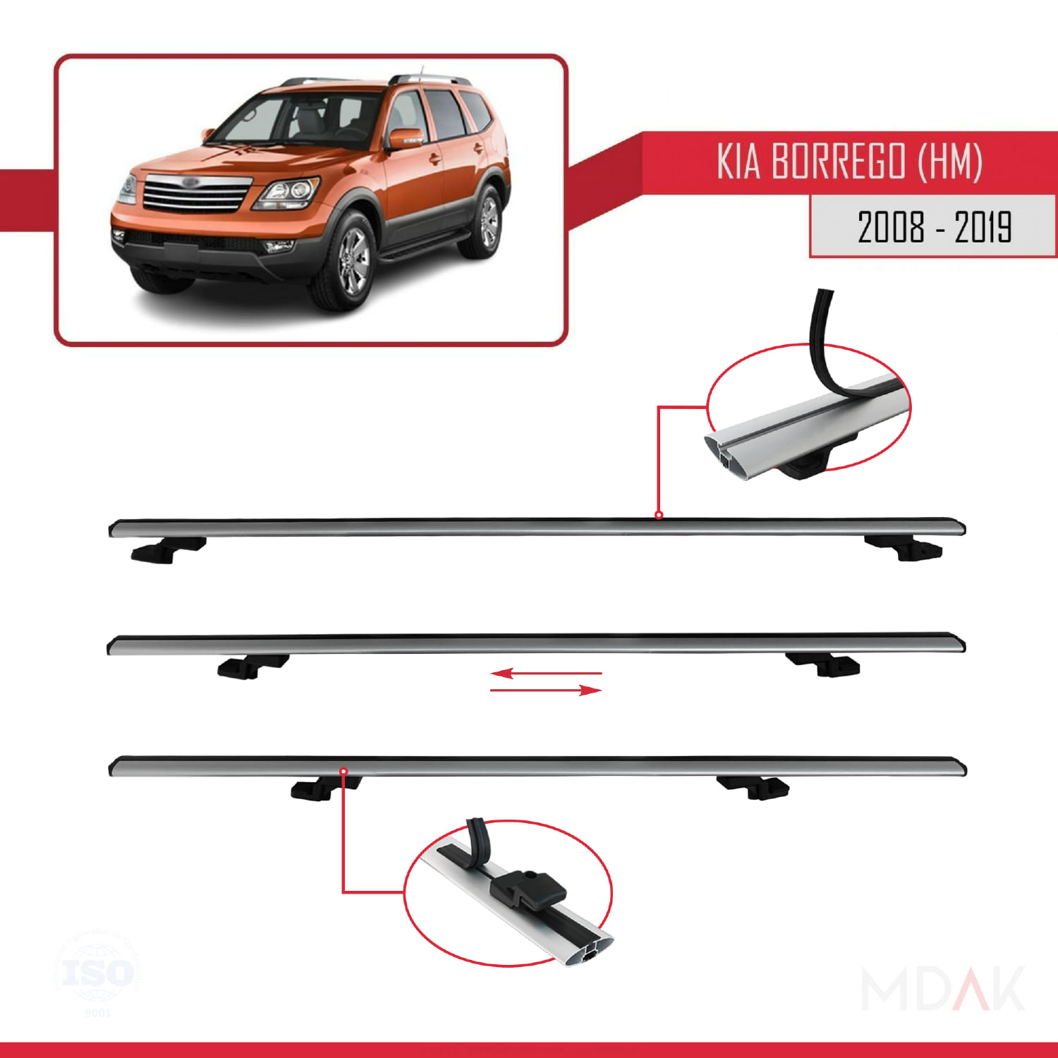 Kia Borrego (HM) 2008-2019 Arası ile Uyumlu BASIC Model Ara Atkı Tavan Barı Gri 3 Adet - Görsel 5