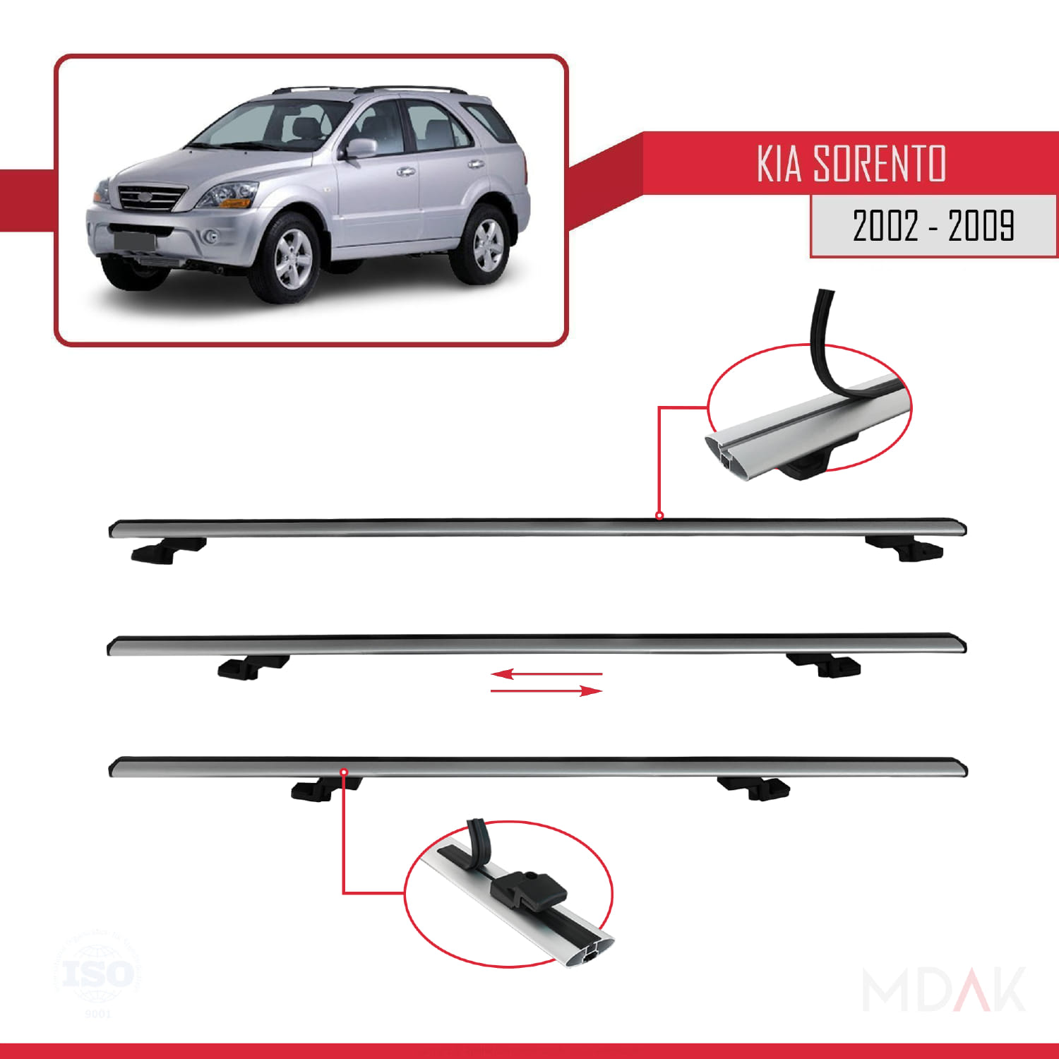 Kia Sorento (BL) 2002-2009 Arası ile Uyumlu BASIC Model Ara Atkı Tavan Barı Gri 3 Adet - Görsel 5