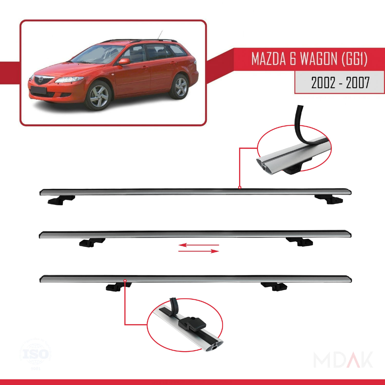 Mazda 6 I (GG1) 2002-2007 Arası ile Uyumlu BASIC Model Ara Atkı Tavan Barı Gri 3 Adet - Görsel 5