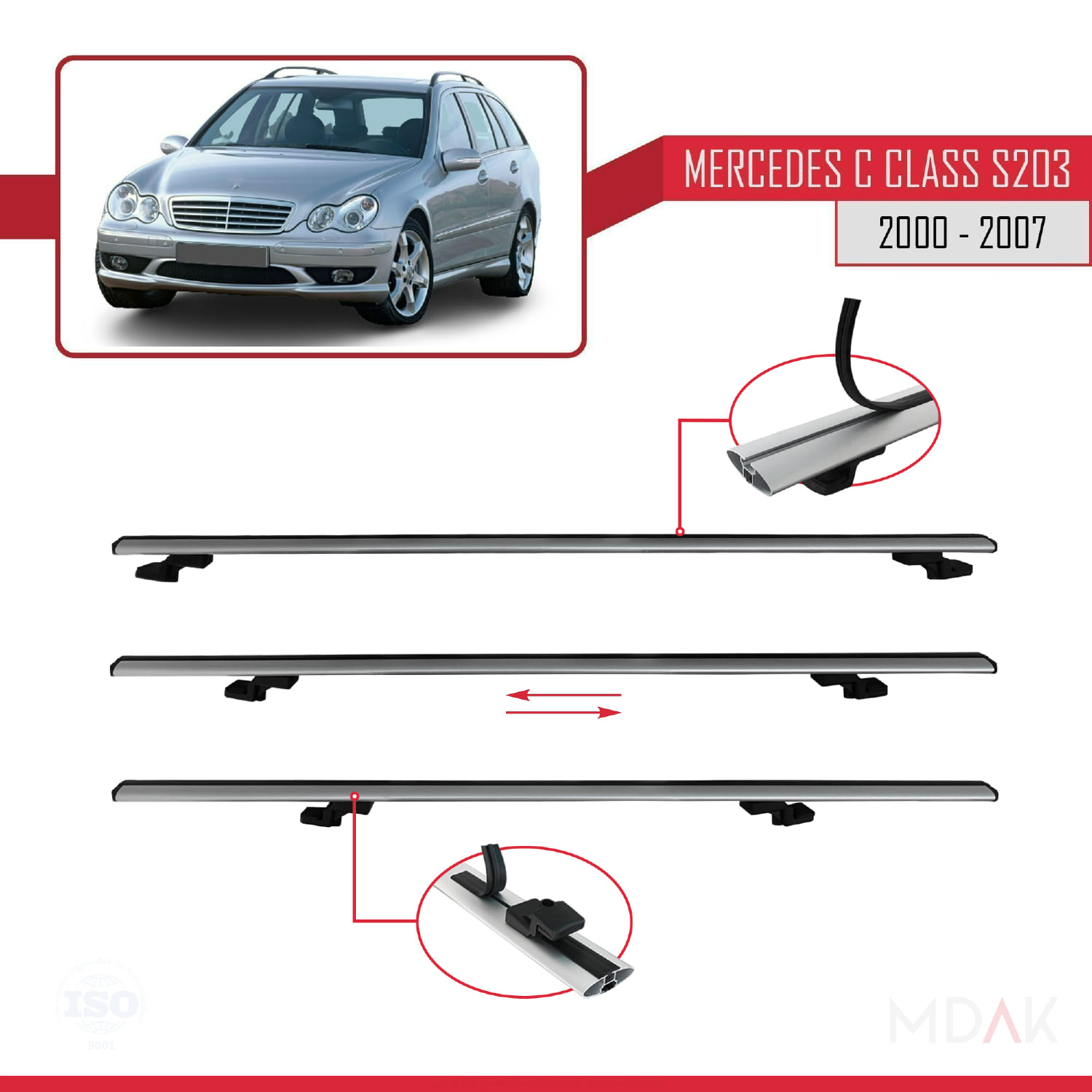 Mercedes C Class 2 (S203) 2000-2007 Arası ile Uyumlu BASIC Model Ara Atkı Tavan Barı Gri 3 Adet - Görsel 5