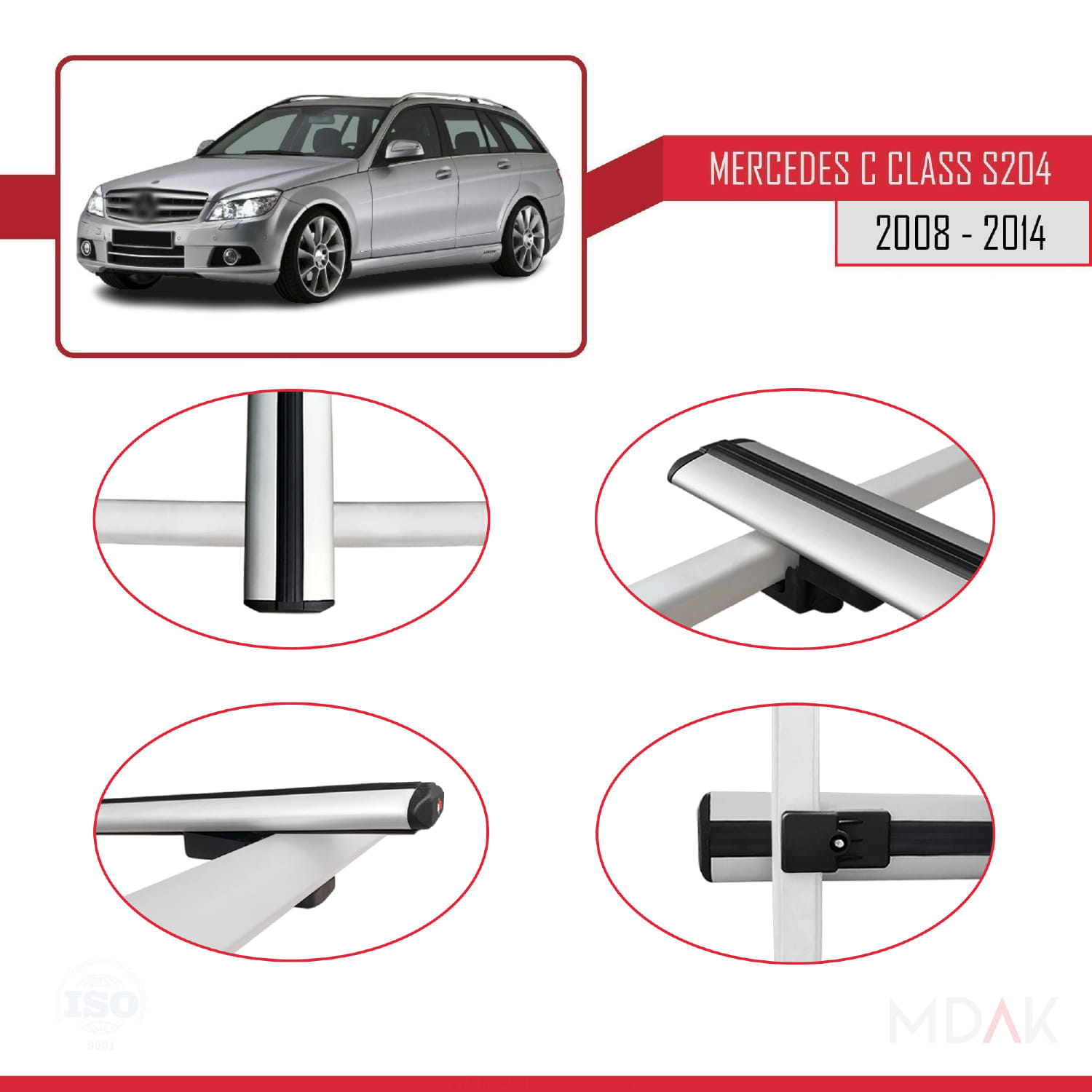 Mercedes C Class 3 (S204) 2008-2014 Arası ile Uyumlu BASIC Model Ara Atkı Tavan Barı Gri 3 Adet - Görsel 4