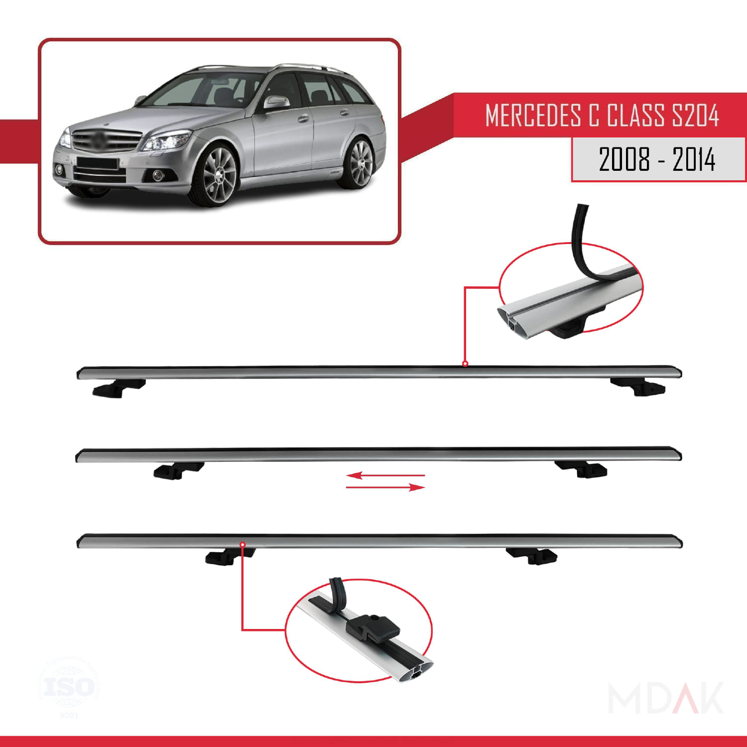 Mercedes C Class 3 (S204) 2008-2014 Arası ile Uyumlu BASIC Model Ara Atkı Tavan Barı Gri 2 Adet - Görsel 5