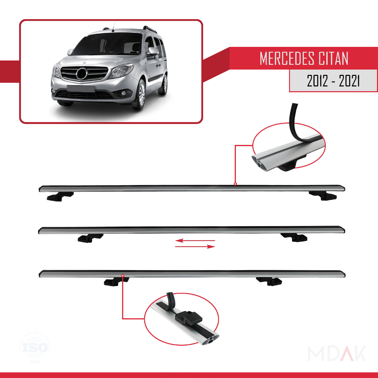 Mercedes Citan (W415) 2012-2021 Arası ile Uyumlu BASIC Model Ara Atkı Tavan Barı Gri 3 Adet - Görsel 5