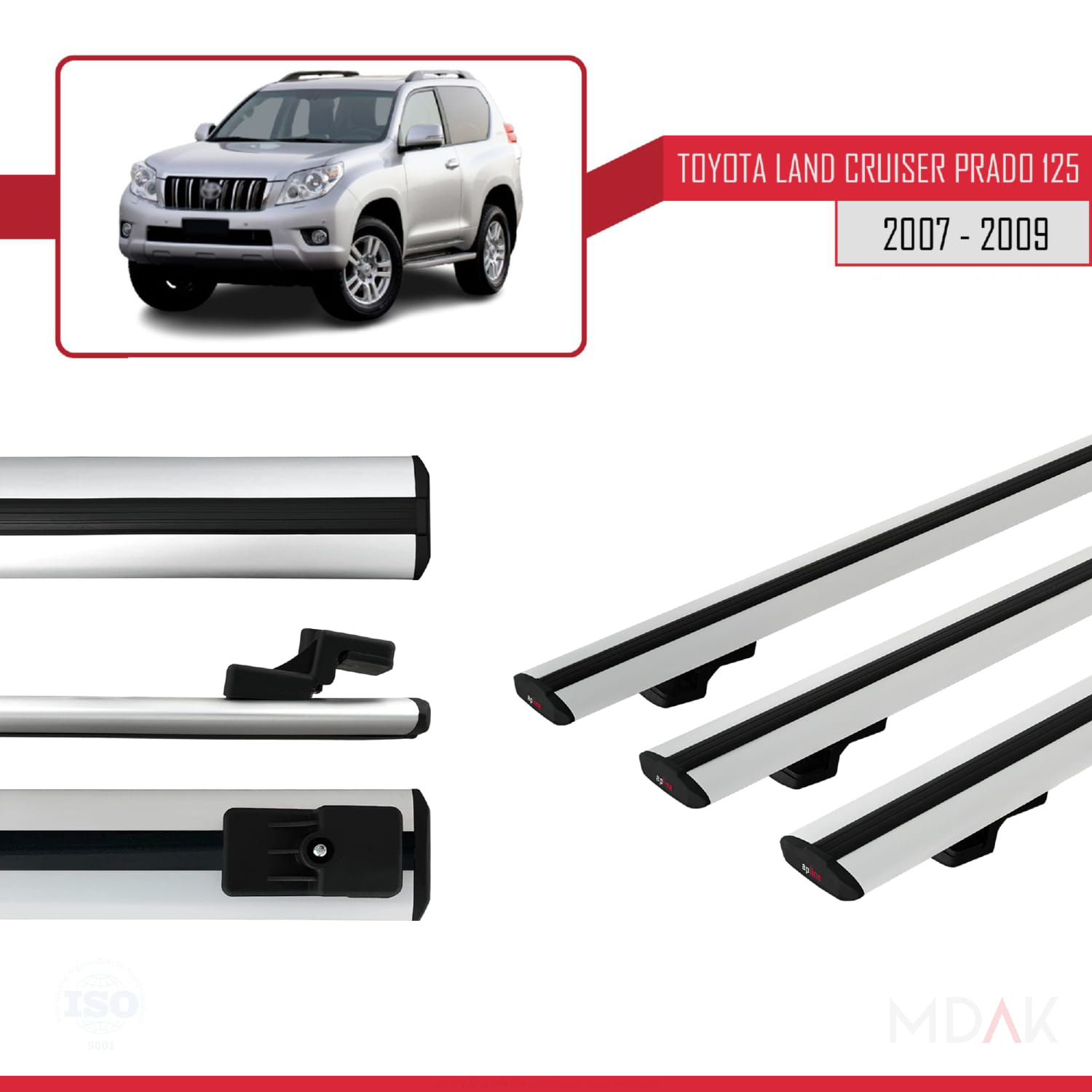 Toyota Land Cruiser Prado (J125) 2007-2009 Arası ile Uyumlu BASIC Model Ara Atkı Tavan Barı Gri 3 Adet - Görsel 3
