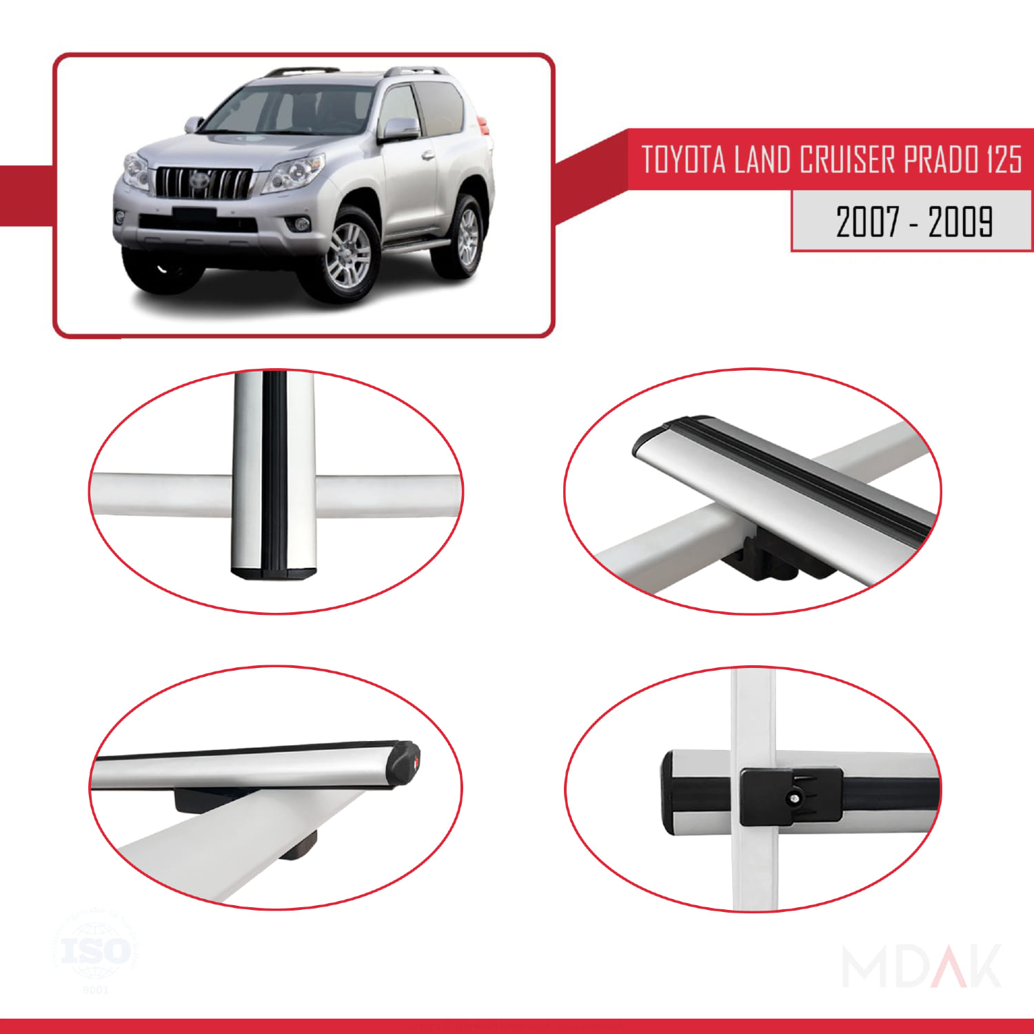 Toyota Land Cruiser Prado (J125) 2007-2009 Arası ile Uyumlu BASIC Model Ara Atkı Tavan Barı Gri 3 Adet - Görsel 4