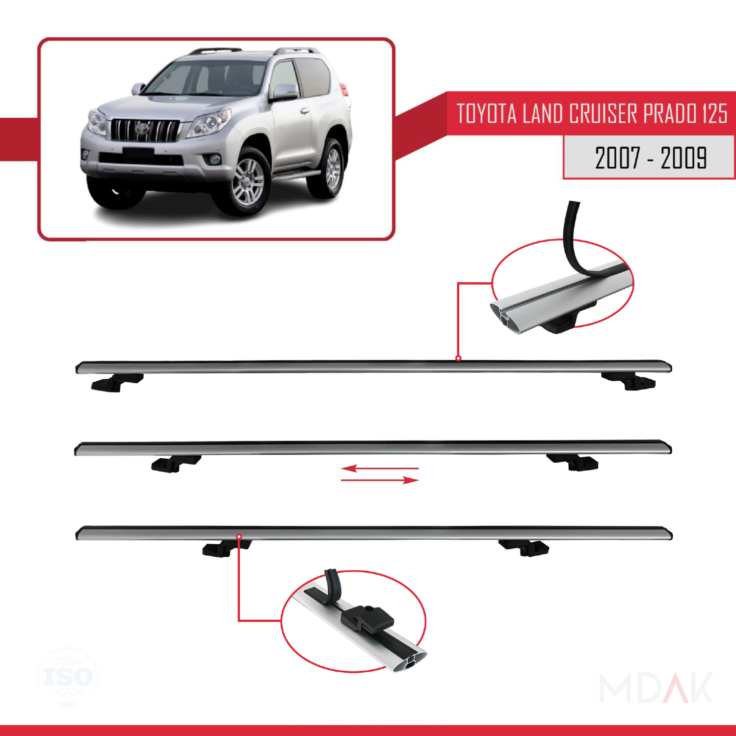 Toyota Land Cruiser Prado (J125) 2007-2009 Arası ile Uyumlu BASIC Model Ara Atkı Tavan Barı Gri 3 Adet - Görsel 5