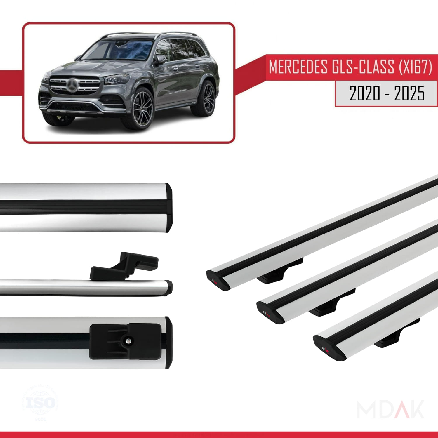 Mercedes GLS Class (X167) 2020 ve Sonrası ile Uyumlu BASIC Model Ara Atkı Tavan Barı Gri 3 Adet - Görsel 3