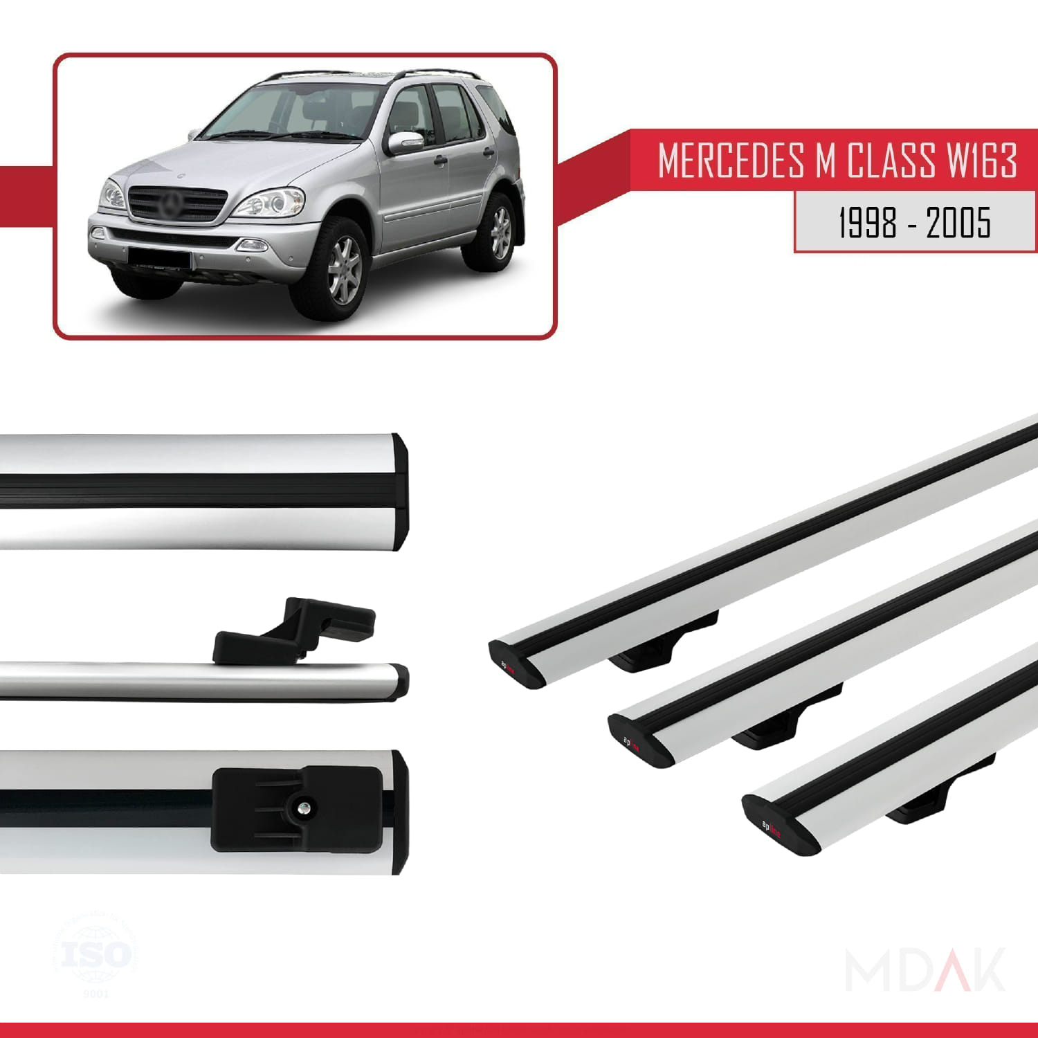 Mercedes M Class (W163) 1998-2005 Arası ile Uyumlu BASIC Model Ara Atkı Tavan Barı Gri 3 Adet - Görsel 3