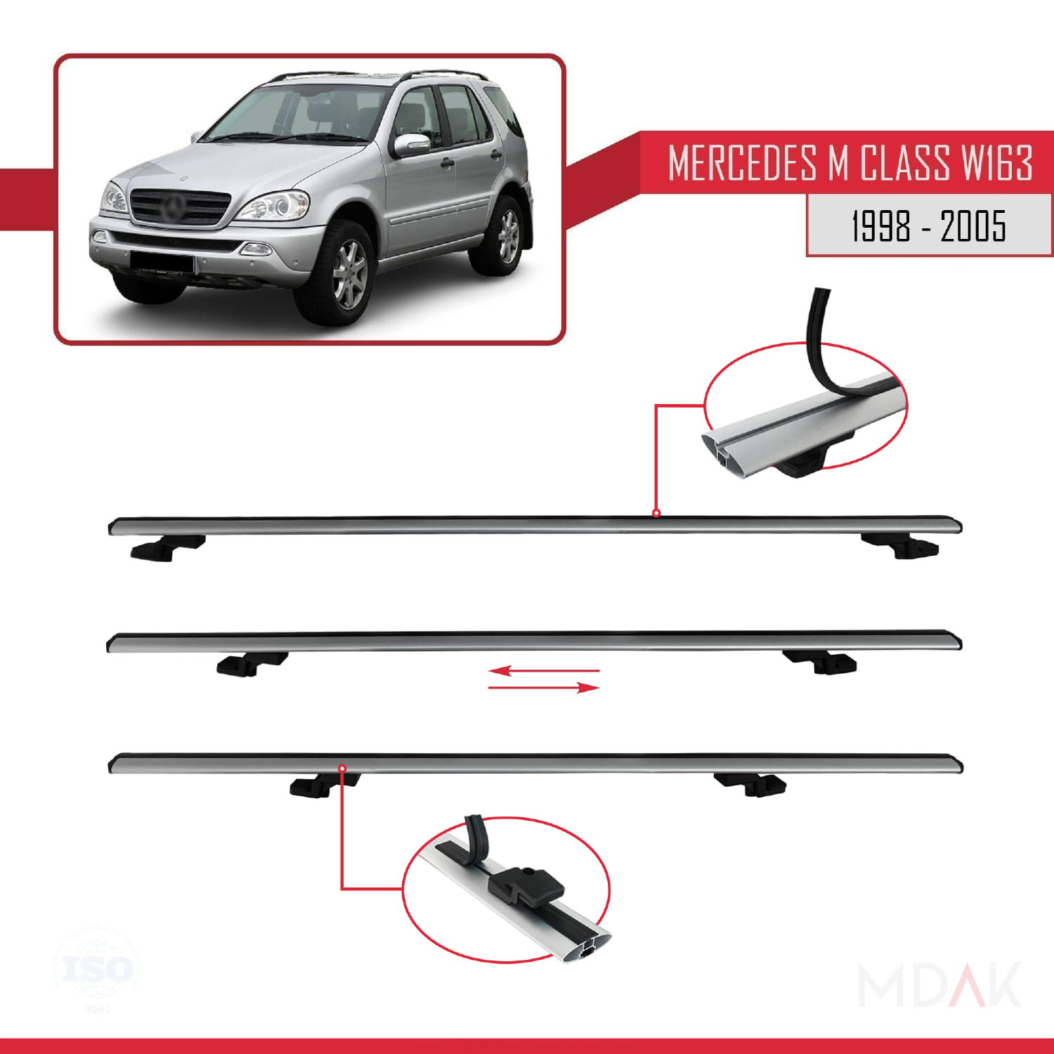 Mercedes M Class (W163) 1998-2005 Arası ile Uyumlu BASIC Model Ara Atkı Tavan Barı Gri 3 Adet - Görsel 5