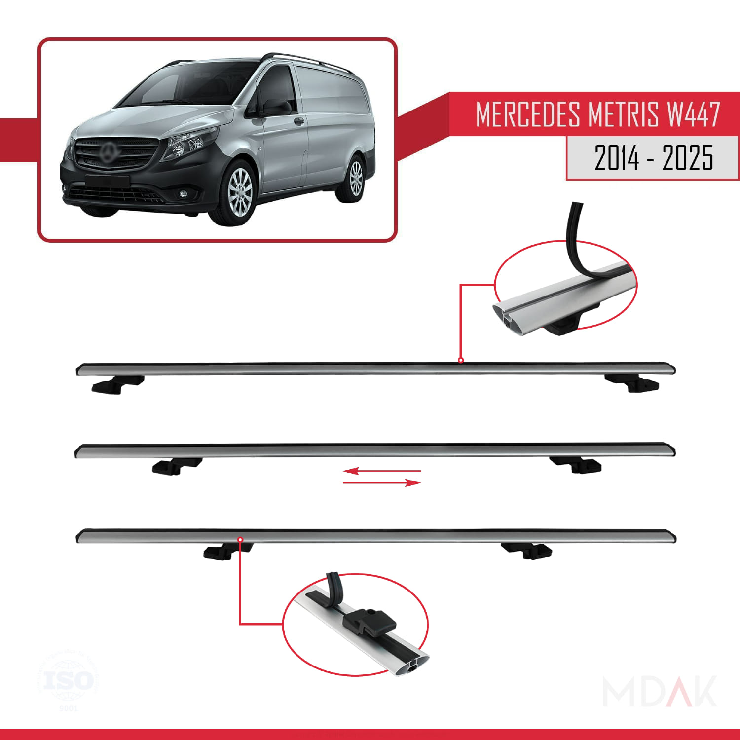 Mercedes Metris (W447) 2014 ve Sonrası ile Uyumlu BASIC Model Ara Atkı Tavan Barı Gri 3 Adet - Görsel 5