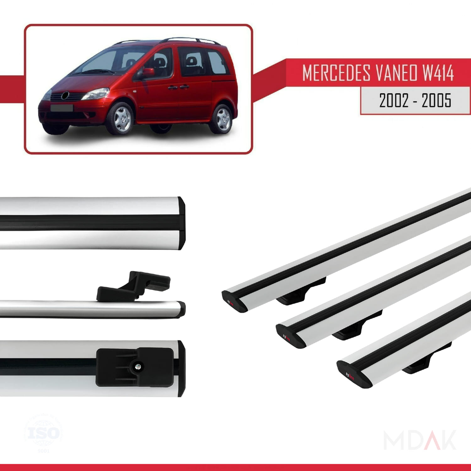 Mercedes Vaneo (W414) 2002-2005 Arası ile Uyumlu BASIC Model Ara Atkı Tavan Barı Gri 3 Adet - Görsel 3