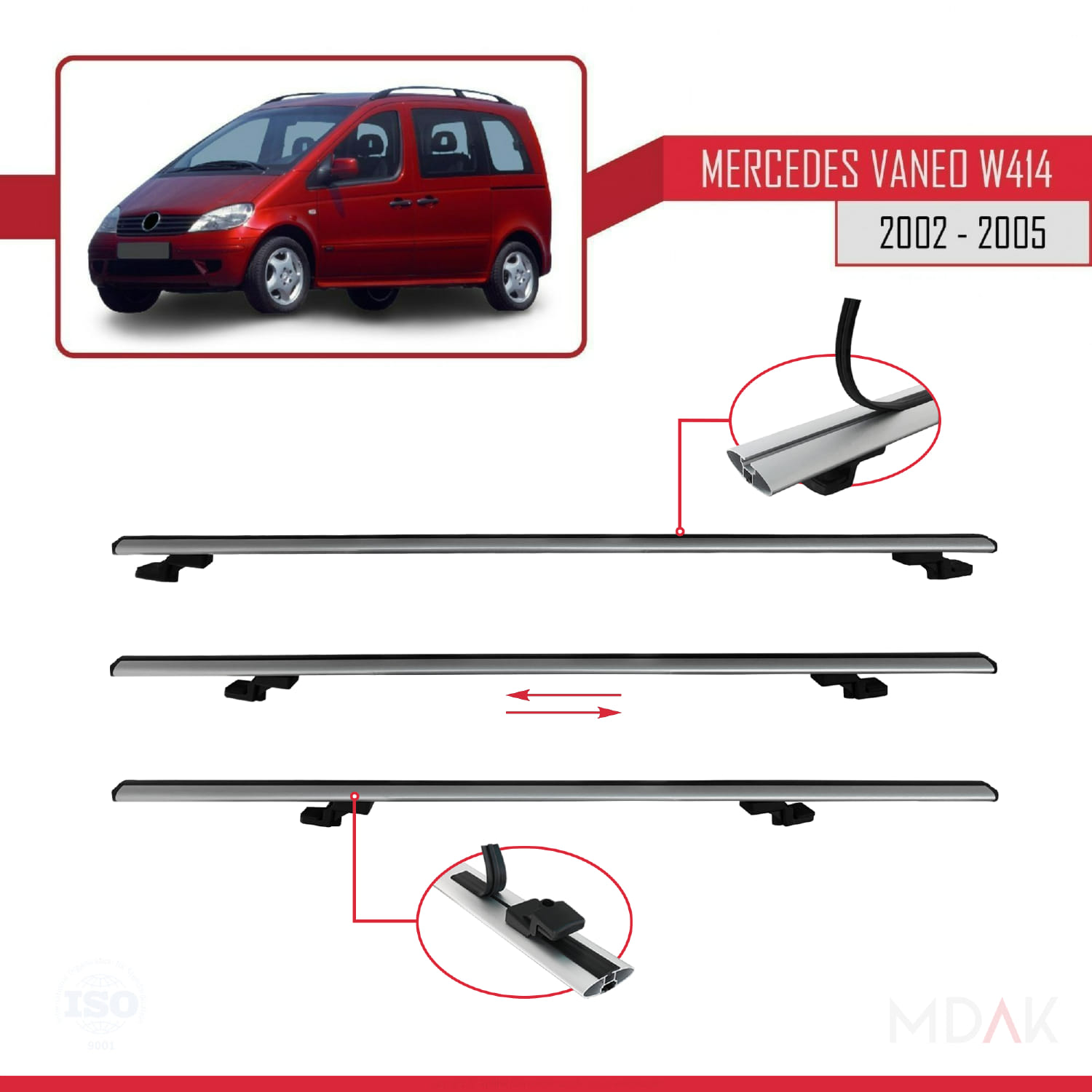 Mercedes Vaneo (W414) 2002-2005 Arası ile Uyumlu BASIC Model Ara Atkı Tavan Barı Gri 3 Adet - Görsel 5