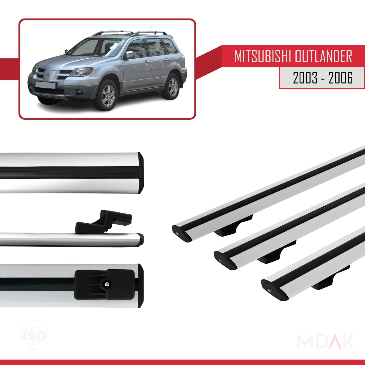 Mitsubishi Outlander 2003-2006 Arası ile Uyumlu BASIC Model Ara Atkı Tavan Barı Gri 3 Adet - Görsel 3