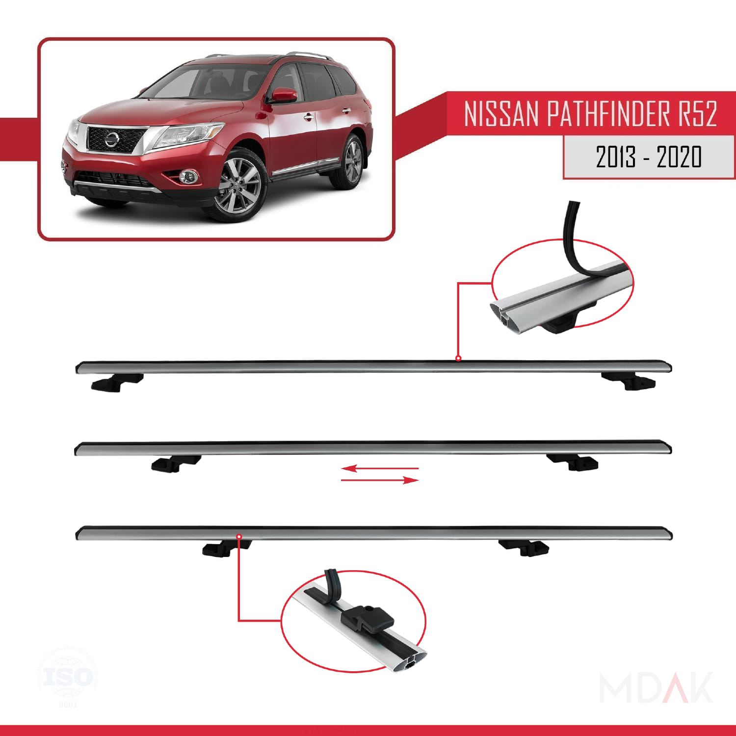 Nissan Pathfinder 4 (R52) 2013-2020 Arası ile Uyumlu BASIC Model Ara Atkı Tavan Barı Gri 3 Adet - Görsel 5