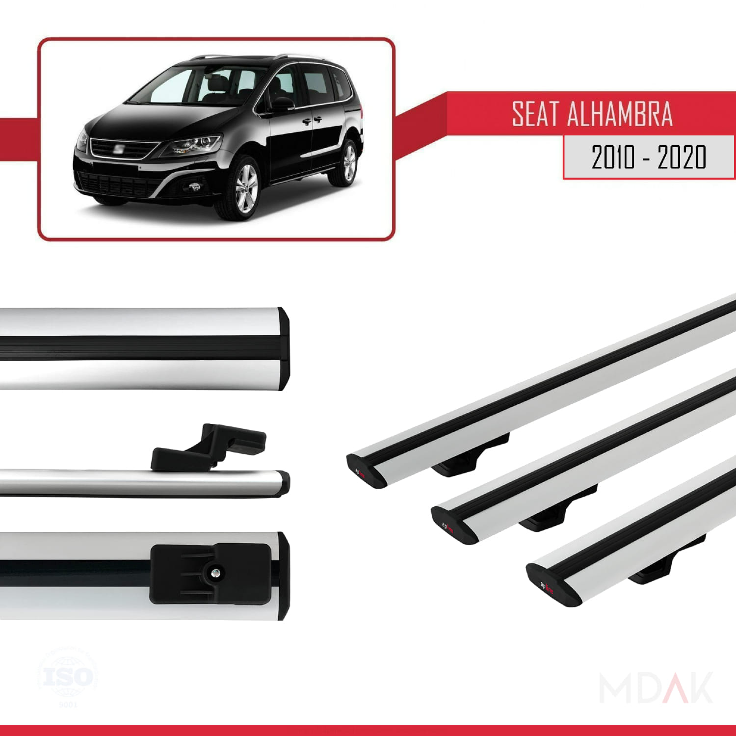 Seat Alhambra 2 (7N) 2010-2020 Arası ile Uyumlu BASIC Model Ara Atkı Tavan Barı Gri 3 Adet - Görsel 3