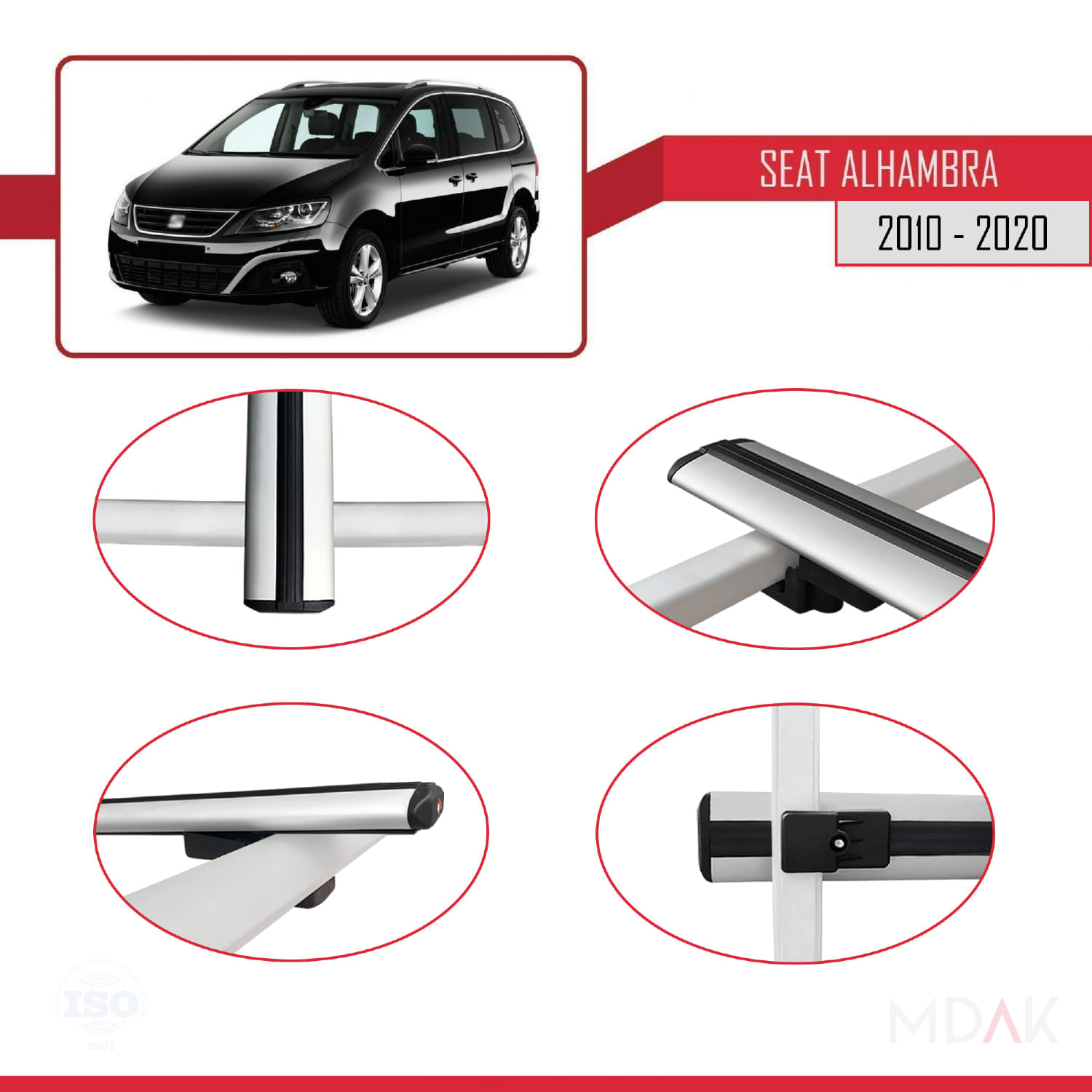 Seat Alhambra 2 (7N) 2010-2020 Arası ile Uyumlu BASIC Model Ara Atkı Tavan Barı Gri 3 Adet - Görsel 4