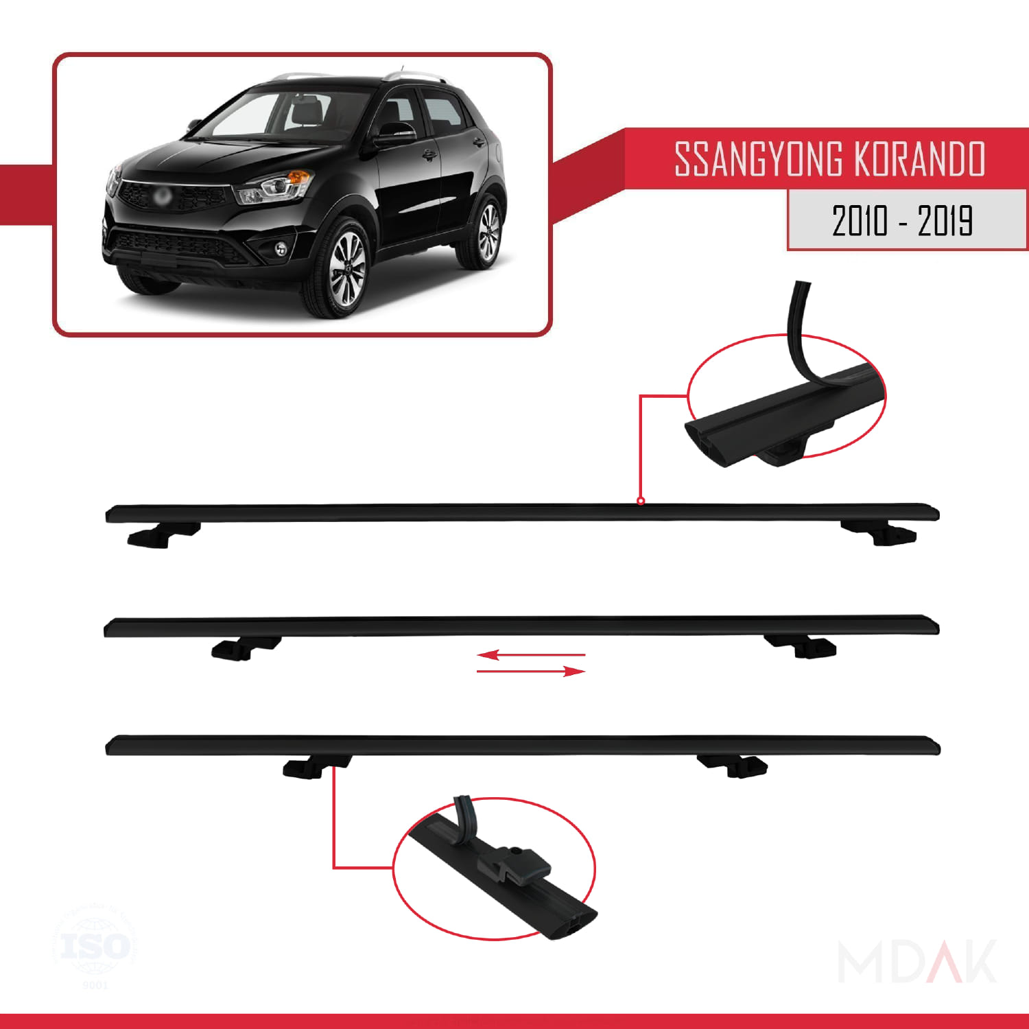 Ssangyong Korando 3 (C200) 2010-2019 Arası ile Uyumlu BASIC Model Ara Atkı Tavan Barı Siyah 2 Adet - Görsel 5