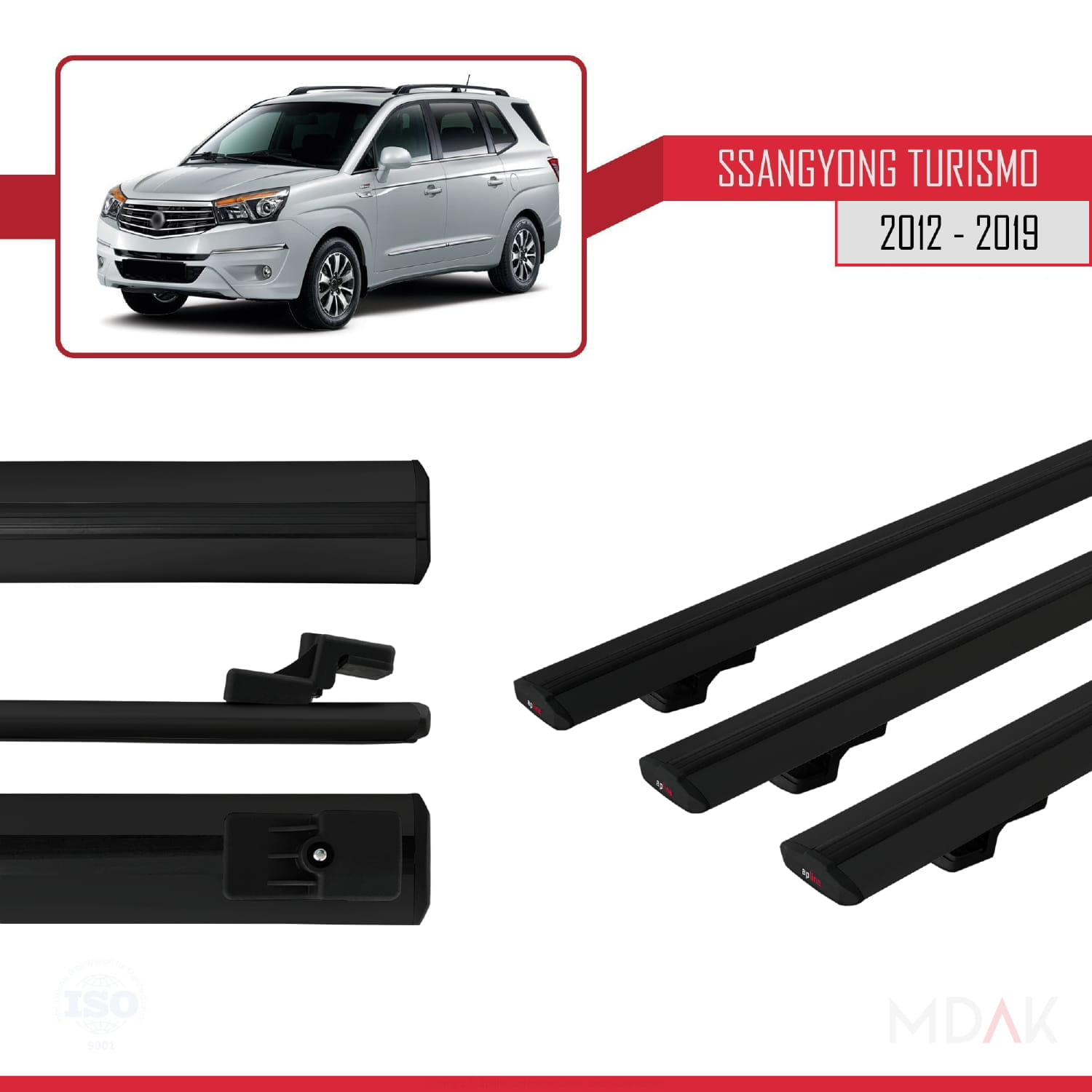 Ssangyong Turismo 2012-2019 Arası ile Uyumlu BASIC Model Ara Atkı Tavan Barı Siyah 3 Adet - Görsel 3