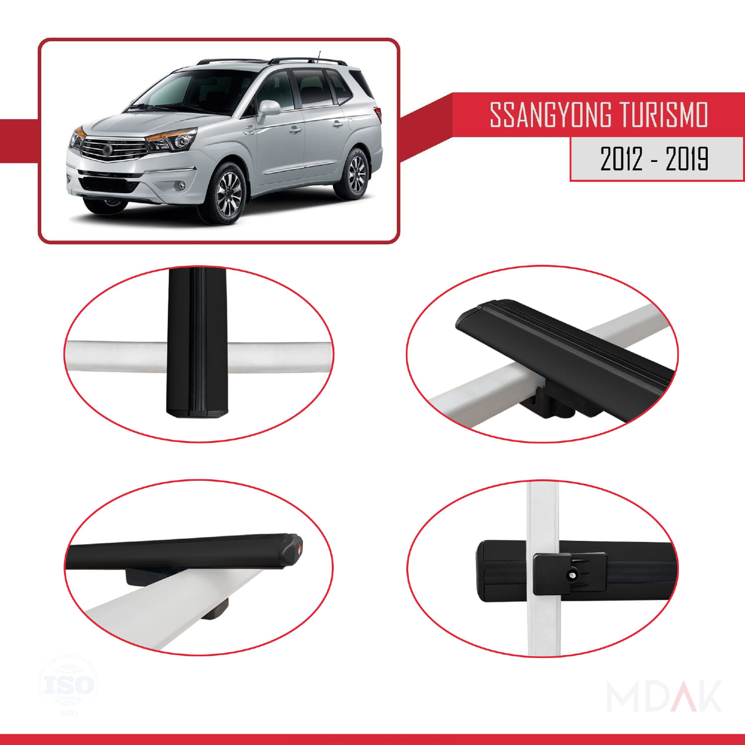 Ssangyong Turismo 2012-2019 Arası ile Uyumlu BASIC Model Ara Atkı Tavan Barı Siyah 3 Adet - Görsel 4