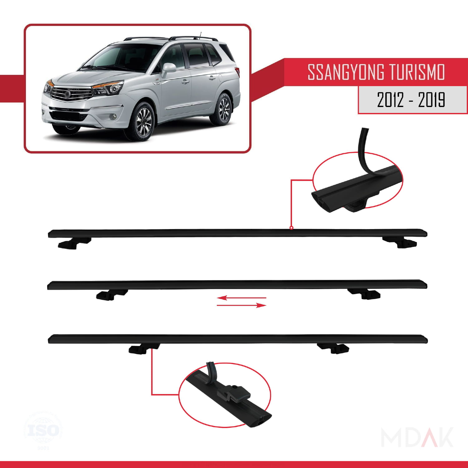 Ssangyong Turismo 2012-2019 Arası ile Uyumlu BASIC Model Ara Atkı Tavan Barı Siyah 3 Adet - Görsel 5