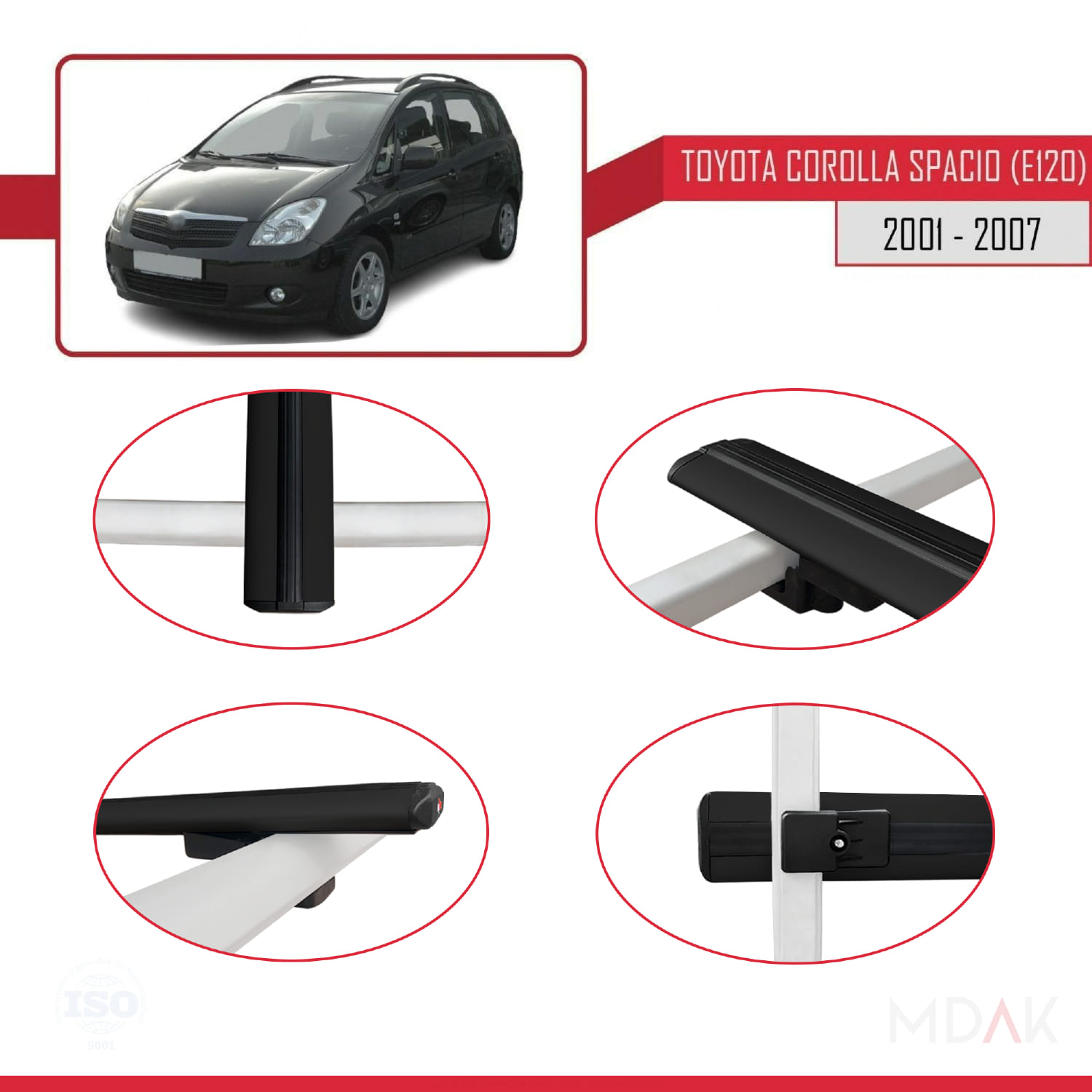 Toyota Corolla Spacio 2 (E120) 2001-2007 Arası ile Uyumlu BASIC Model Ara Atkı Tavan Barı Siyah 3 Adet - Görsel 4