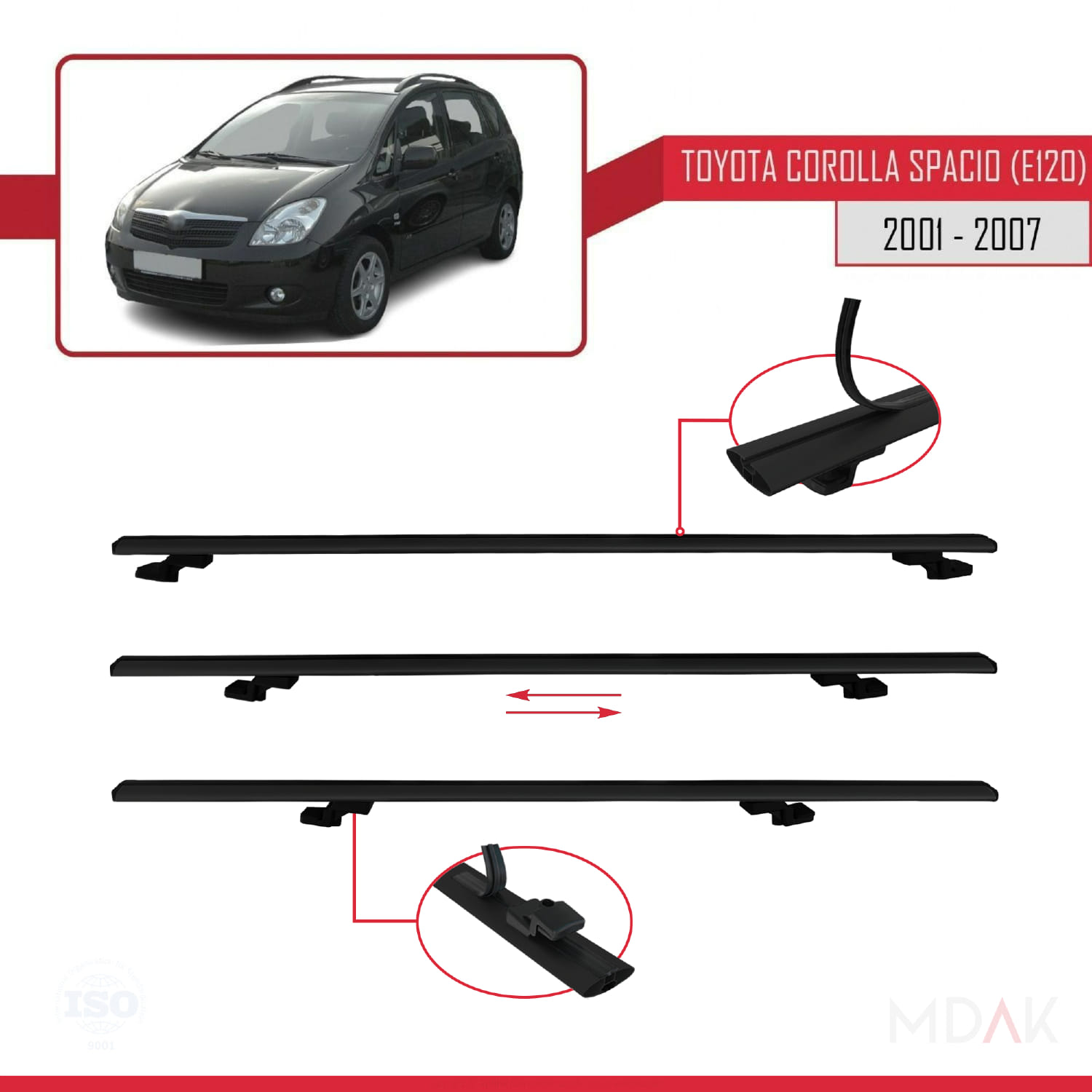 Toyota Corolla Spacio 2 (E120) 2001-2007 Arası ile Uyumlu BASIC Model Ara Atkı Tavan Barı Siyah 3 Adet - Görsel 5