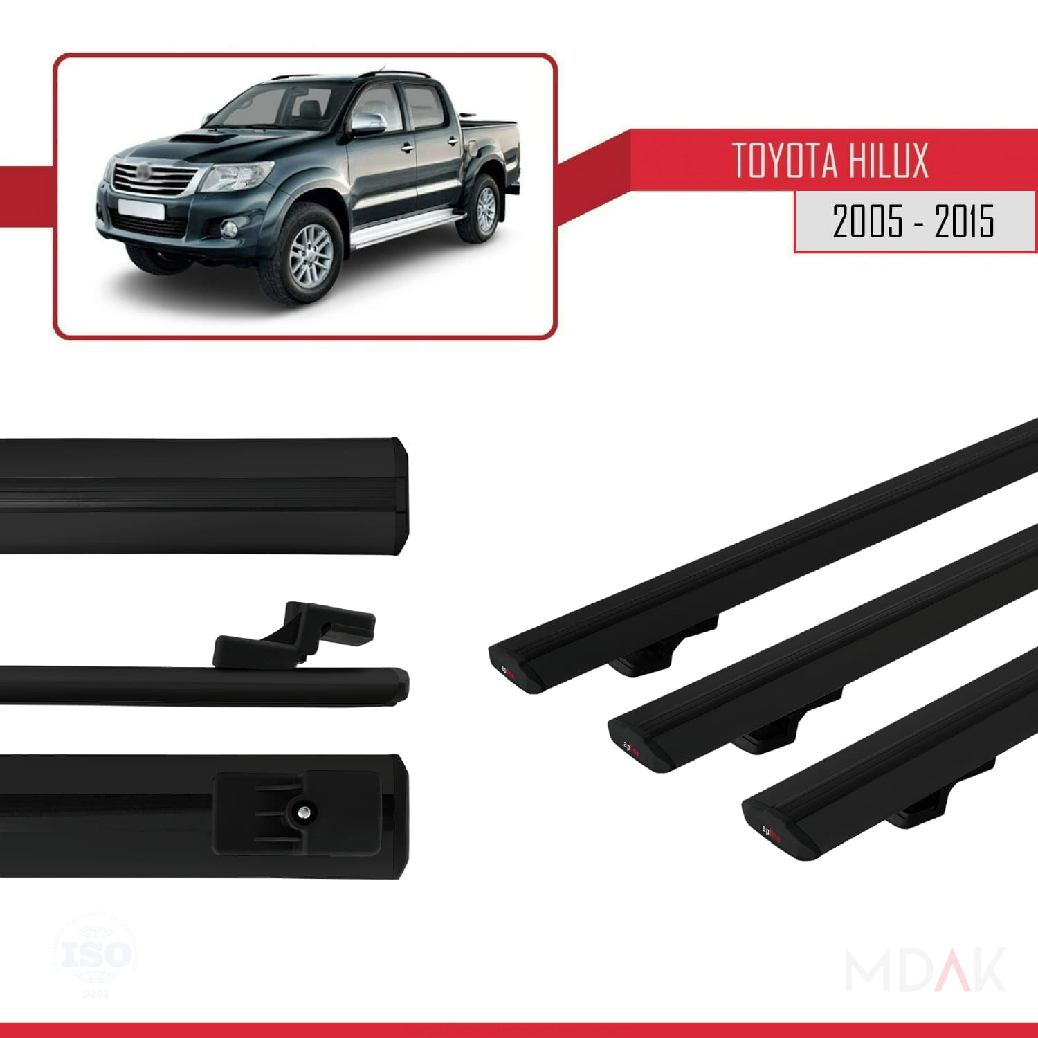 Toyota Hilux 7 (AN30) 2005-2015 Arası ile Uyumlu BASIC Model Ara Atkı Tavan Barı Siyah 3 Adet - Görsel 3
