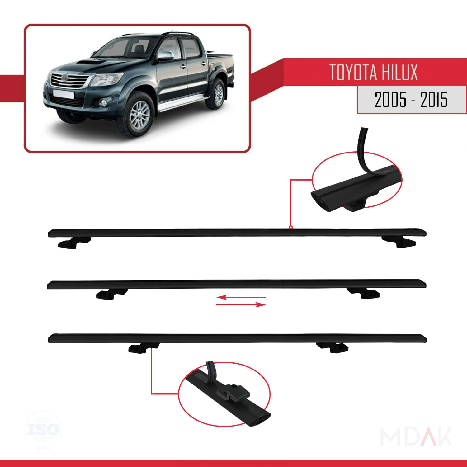 Toyota Hilux 7 (AN30) 2005-2015 Arası ile Uyumlu BASIC Model Ara Atkı Tavan Barı Siyah 3 Adet - Görsel 5