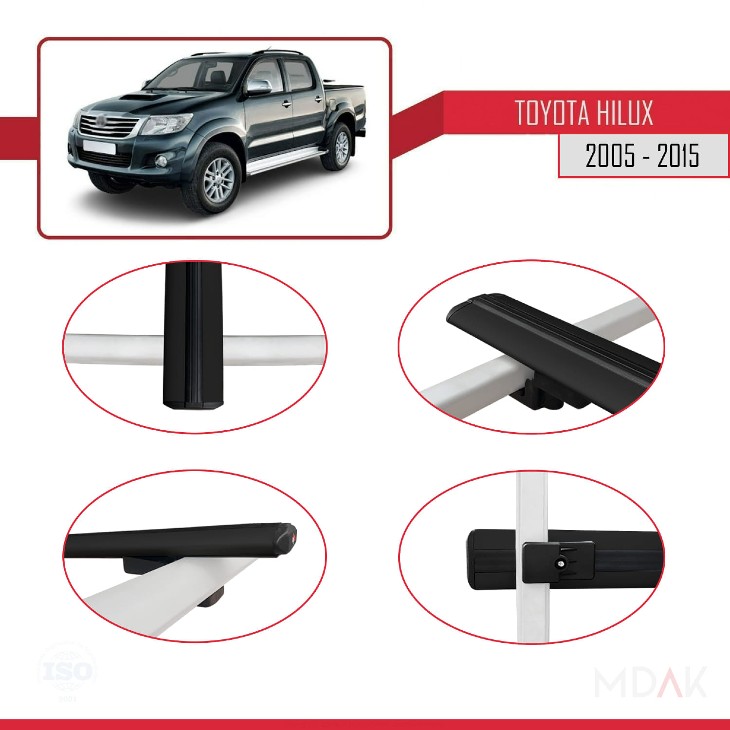 Toyota Hilux 7 (AN30) 2005-2015 Arası ile Uyumlu BASIC Model Ara Atkı Tavan Barı Siyah 2 Adet - Görsel 4
