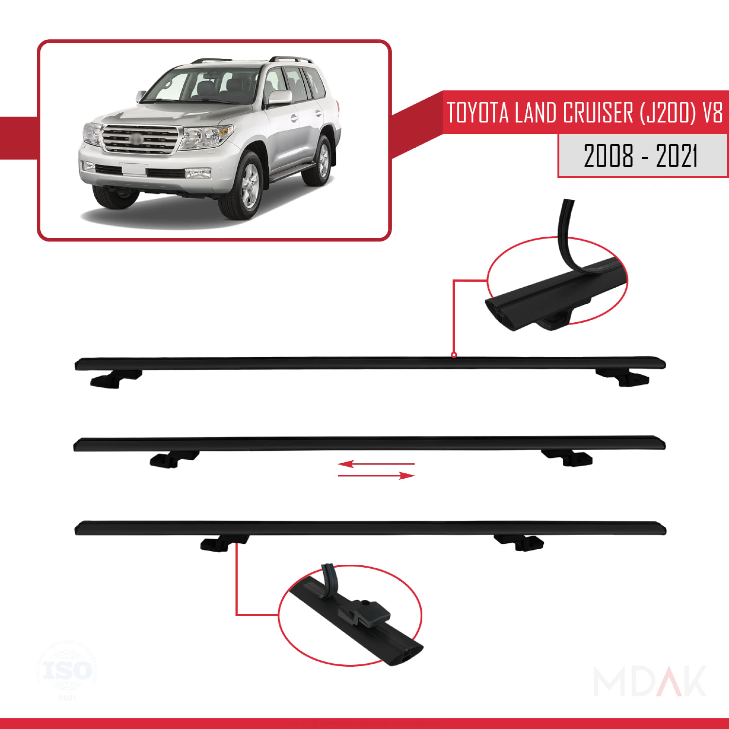 Toyota Land Cruiser V8 (J200) 2008-2021 Arası ile Uyumlu BASIC Model Ara Atkı Tavan Barı Siyah 3 Adet - Görsel 5