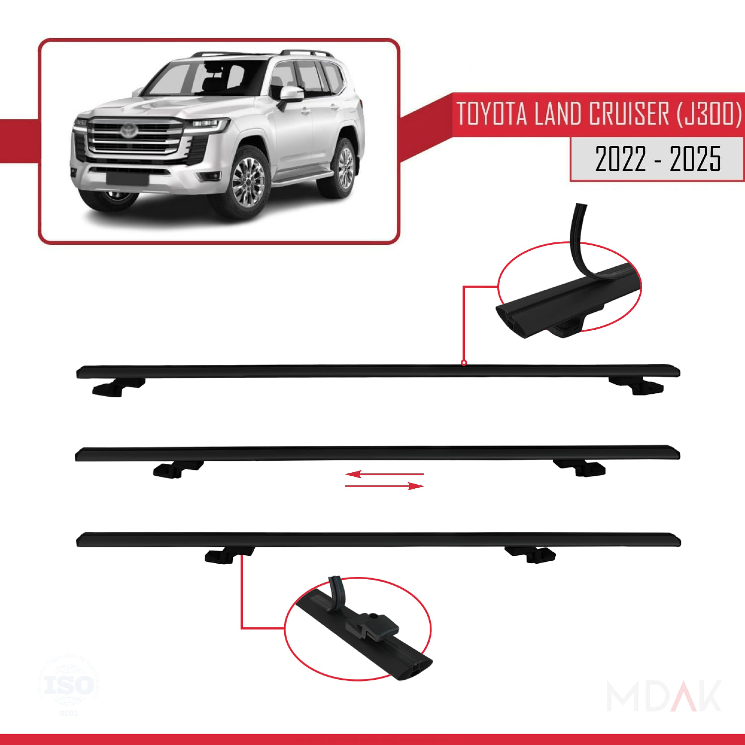 Toyota Land Cruiser (J300) 2022 ve Sonrası ile Uyumlu BASIC Model Ara Atkı Tavan Barı Siyah 3 Adet - Görsel 5