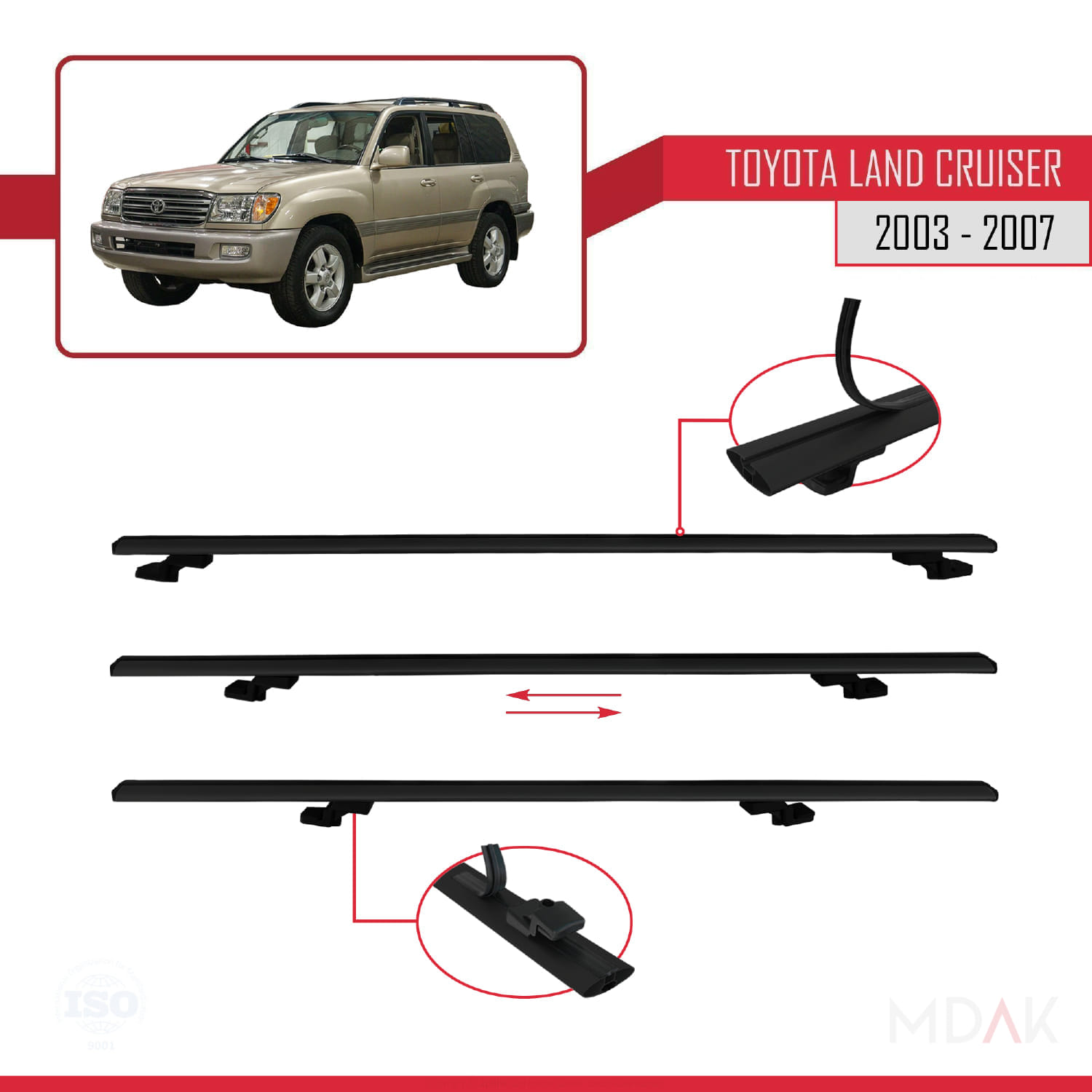 Toyota Land Cruiser (J100) 2003-2007 Arası ile Uyumlu BASIC Model Ara Atkı Tavan Barı Siyah 3 Adet - Görsel 5