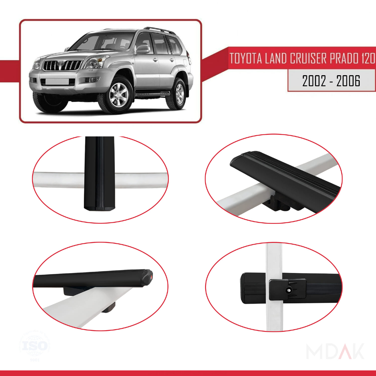 Toyota Land Cruiser Prado (J120) 2002-2006 Arası ile Uyumlu BASIC Model Ara Atkı Tavan Barı Siyah 2 Adet - Görsel 4
