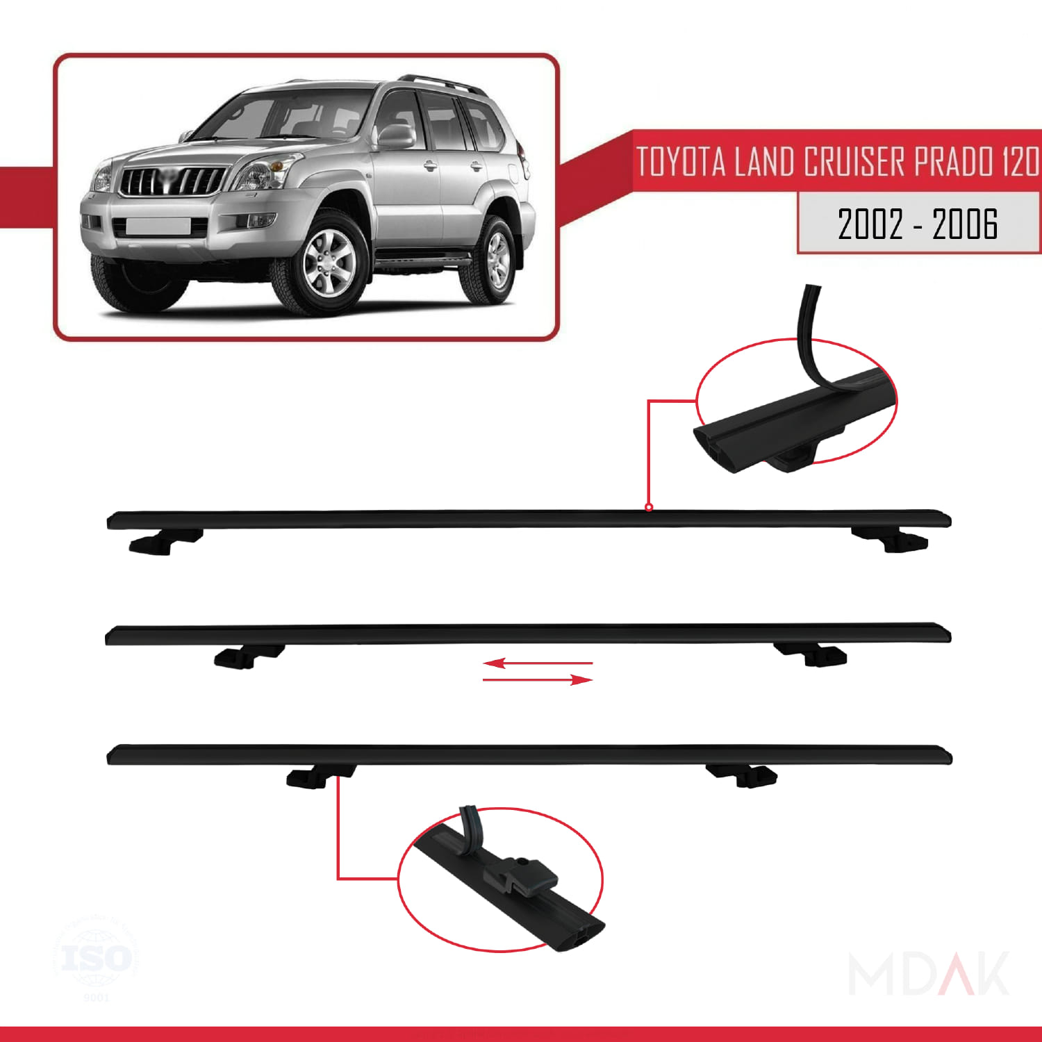 Toyota Land Cruiser Prado (J120) 2002-2006 Arası ile Uyumlu BASIC Model Ara Atkı Tavan Barı Siyah 2 Adet - Görsel 5
