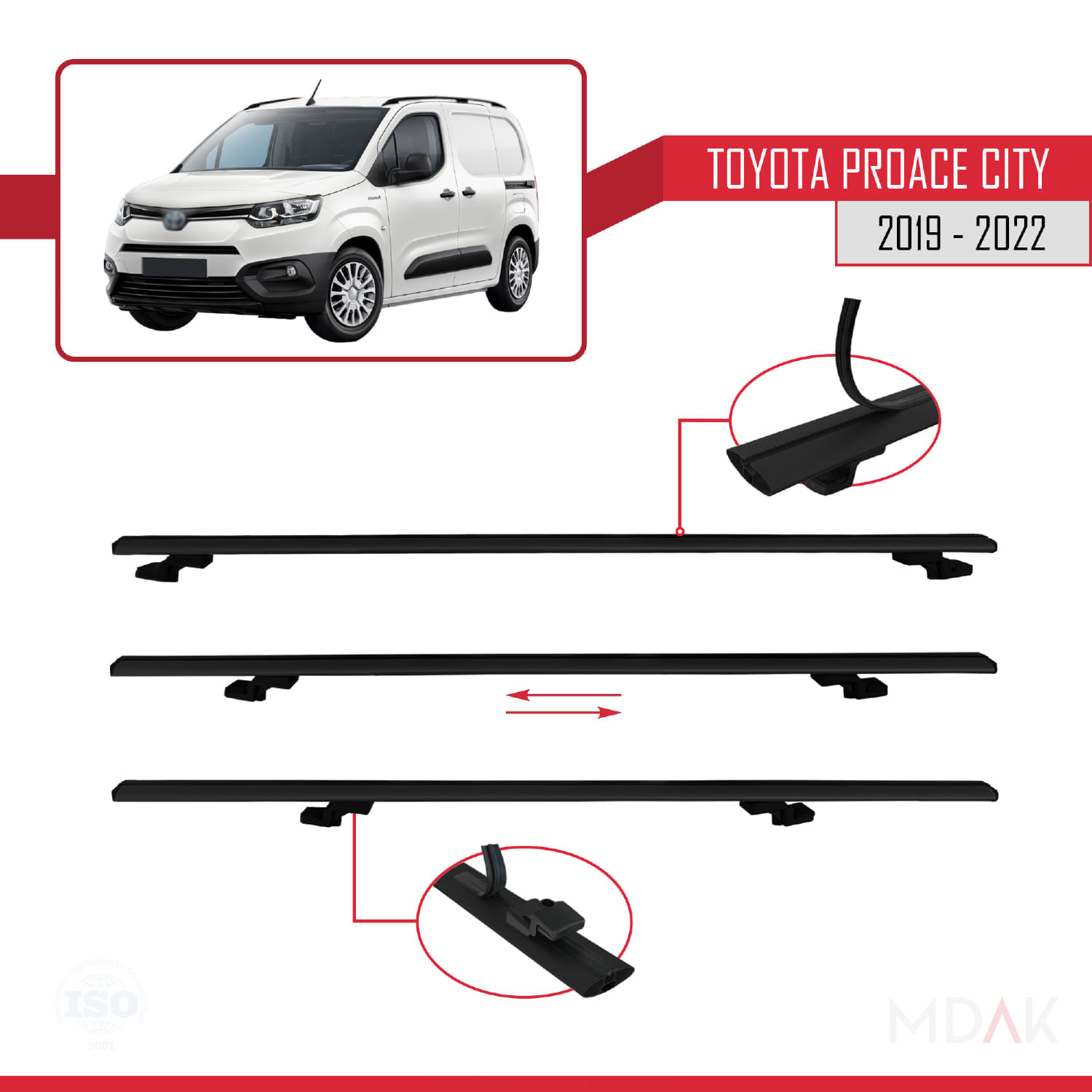 Toyota Proace City 2019-2022 Arası ile Uyumlu BASIC Model Ara Atkı Tavan Barı Siyah 3 Adet - Görsel 5