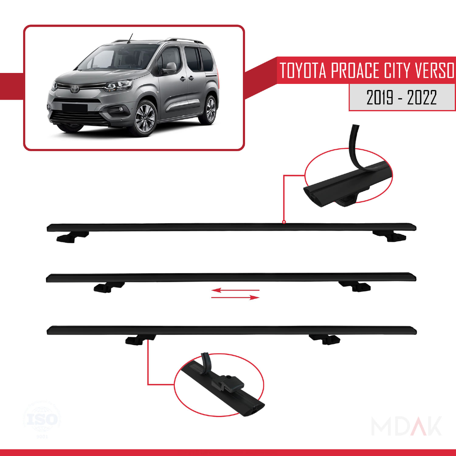 Toyota Proace City Verso 2019-2022 Arası ile Uyumlu BASIC Model Ara Atkı Tavan Barı Siyah 4 Adet - Görsel 4