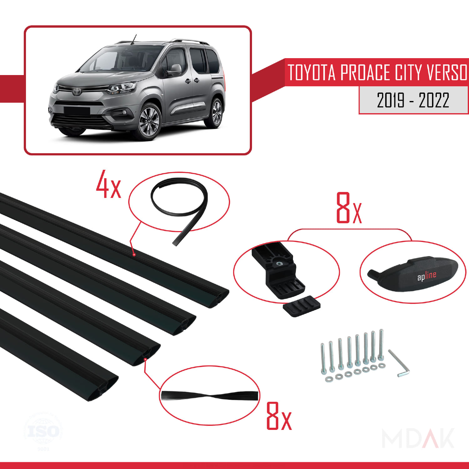 Toyota Proace City Verso 2019-2022 Arası ile Uyumlu BASIC Model Ara Atkı Tavan Barı Siyah 4 Adet - Görsel 5