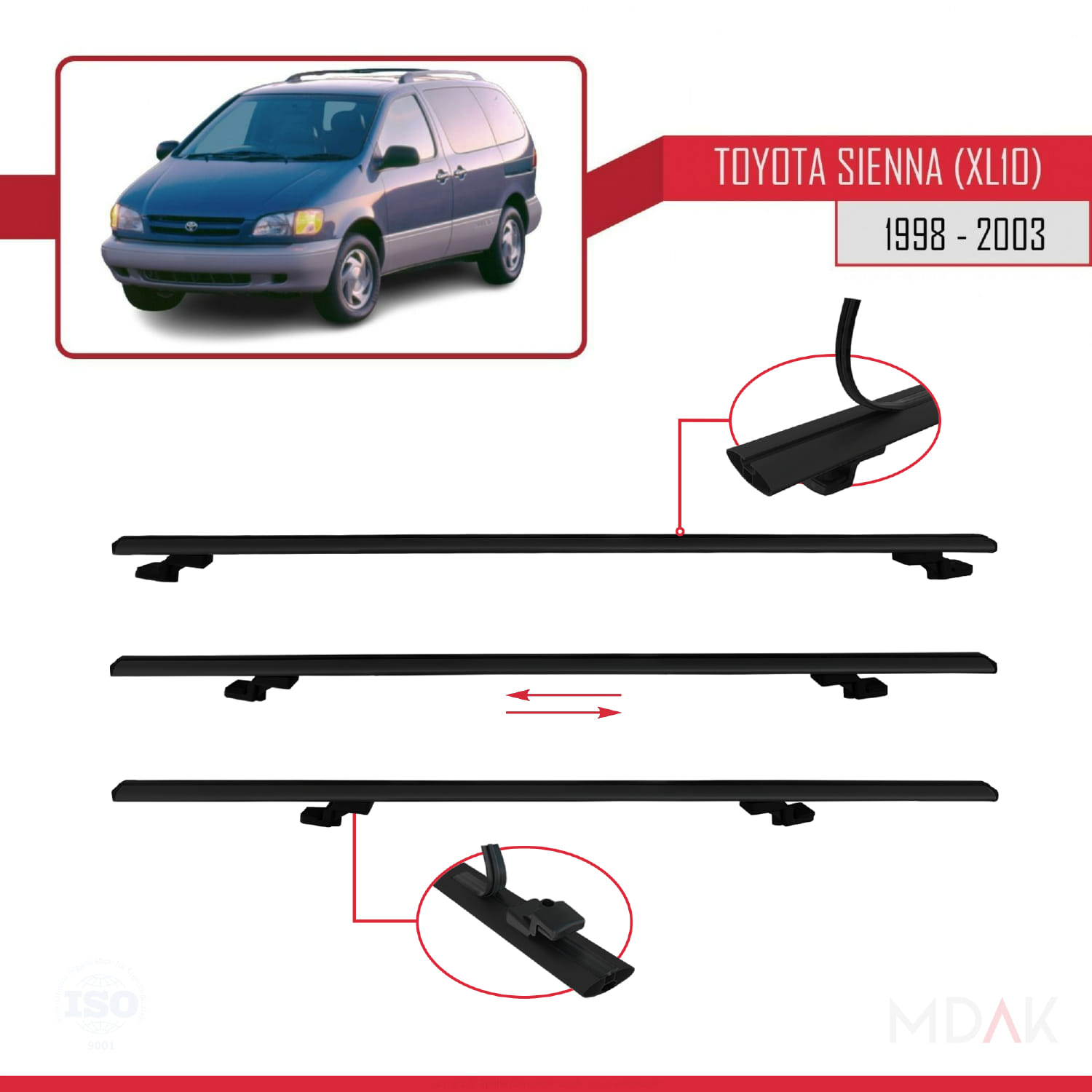 Toyota Sienna (XL10) 1998-2003 Arası ile Uyumlu BASIC Model Ara Atkı Tavan Barı Siyah 3 Adet - Görsel 5