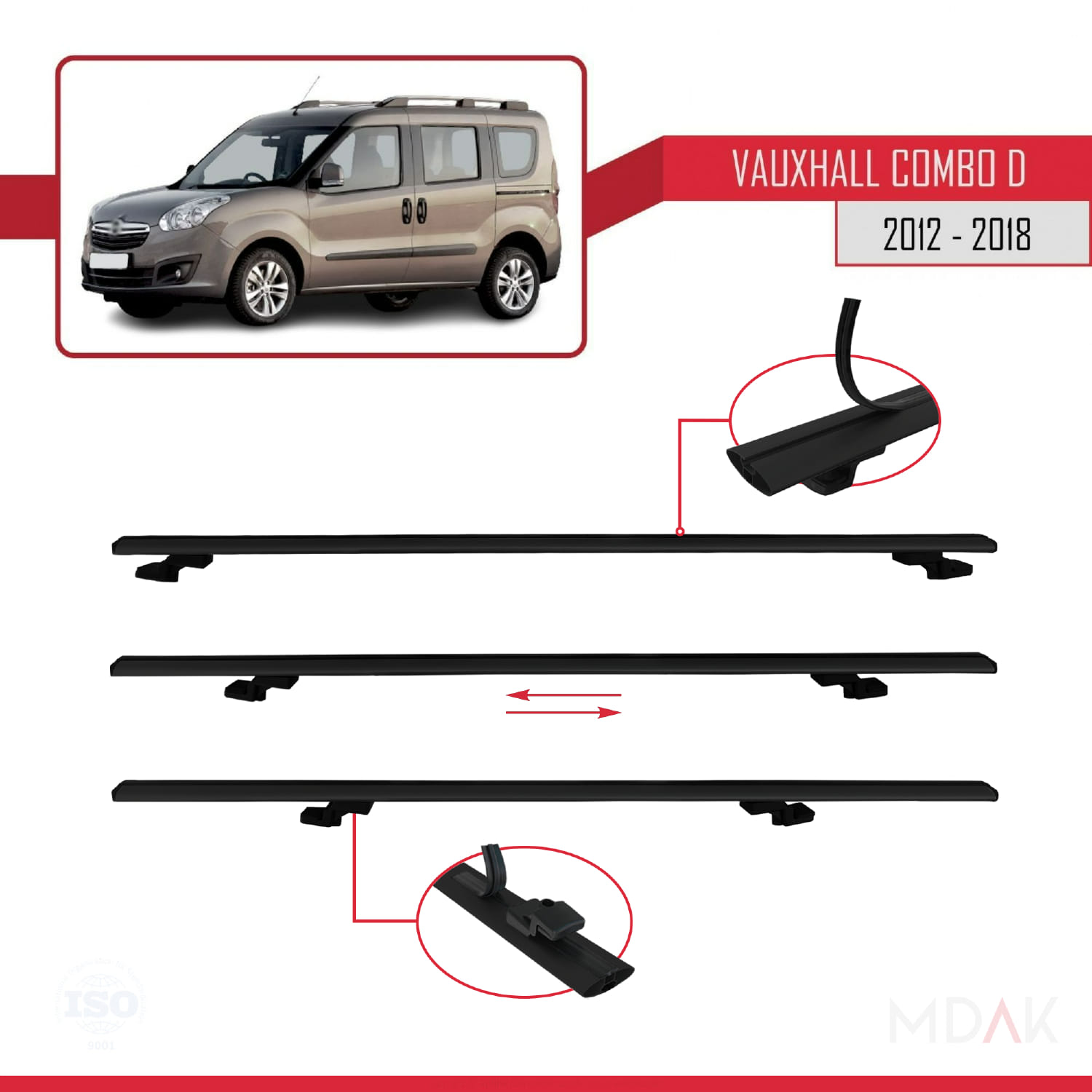 Vauxhall Combo D 2012-2018 Arası ile Uyumlu BASIC Model Ara Atkı Tavan Barı Siyah 2 Adet - Görsel 5