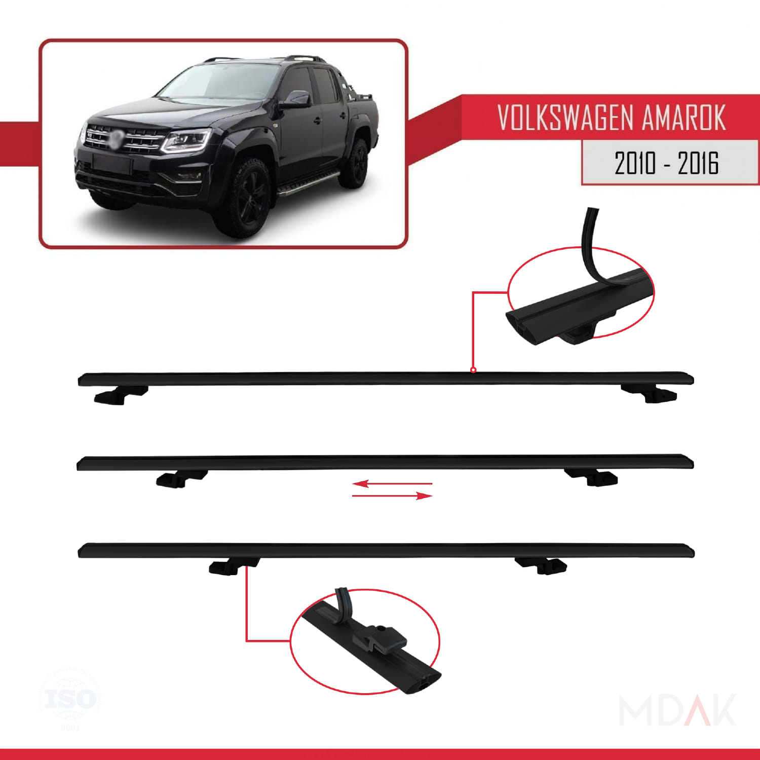Volkswagen Amarok (2F) Pre-Facelift 2010-2016 Arası ile Uyumlu BASIC Model Ara Atkı Tavan Barı Siyah 2 Adet - Görsel 5