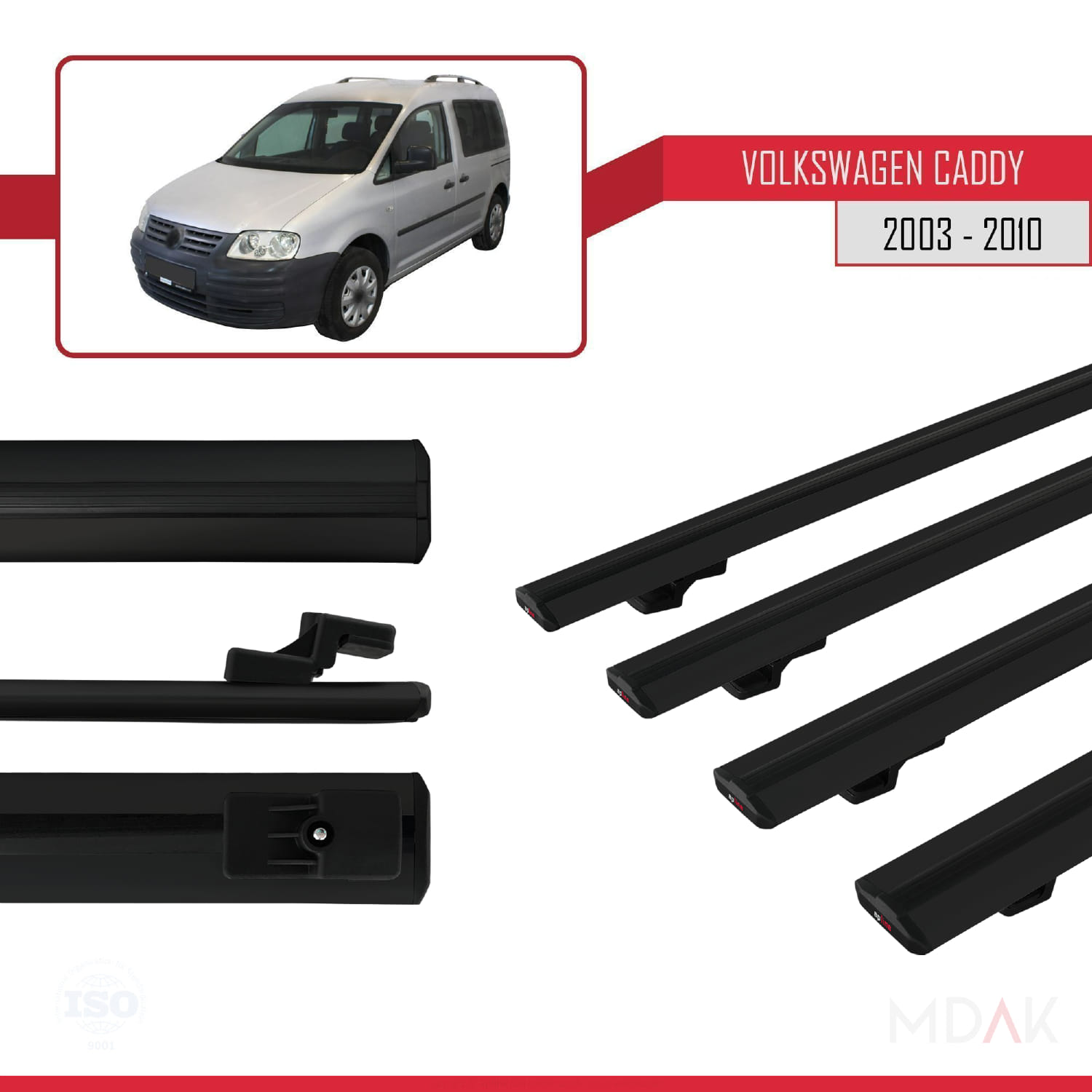 Volkswagen Caddy 3 (2K) 2003-2010 Arası ile Uyumlu BASIC Model Ara Atkı Tavan Barı Siyah 4 Adet - Görsel 3